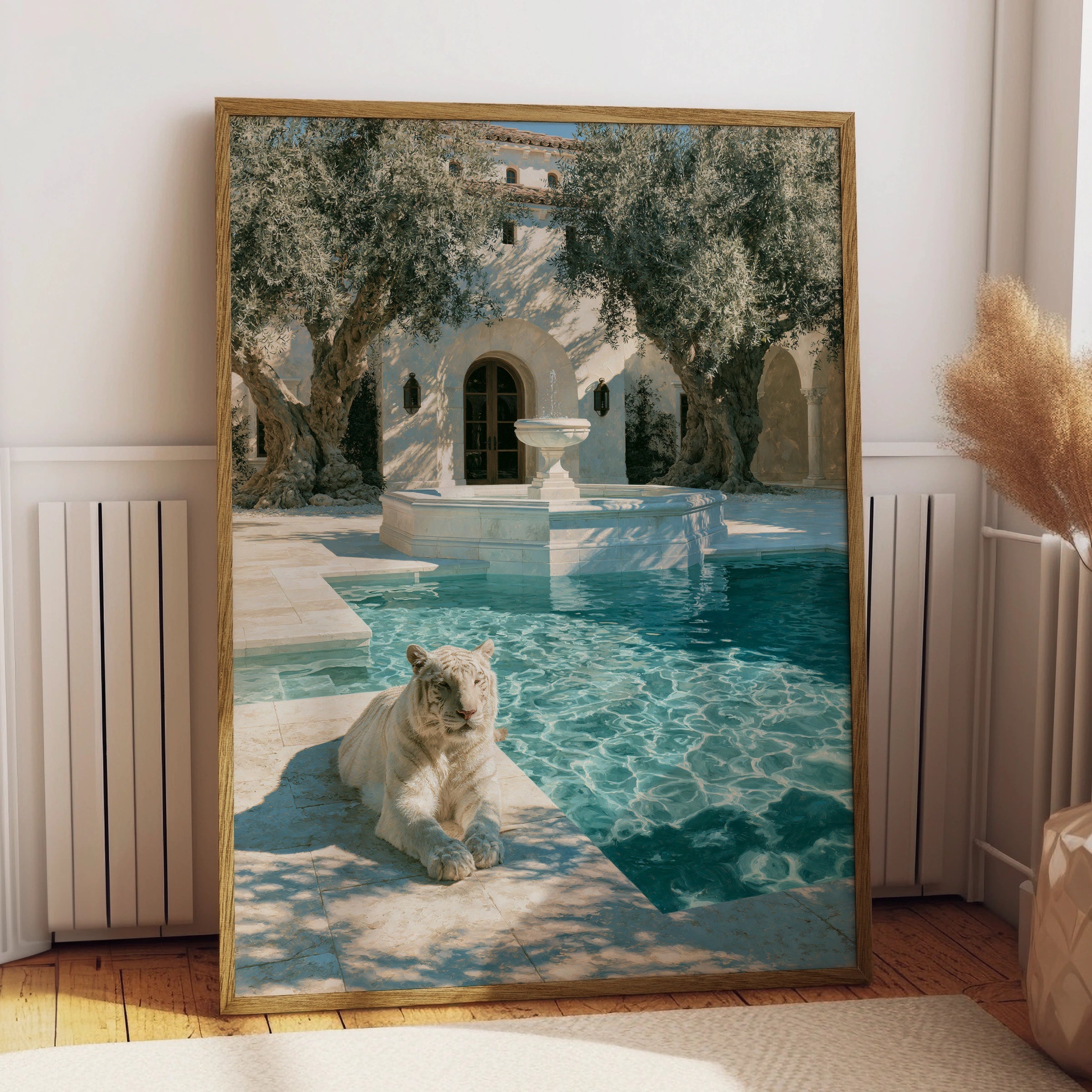 White Tiger by Marble Pool, Mediterranean Villa Poster, Luxury Art Print