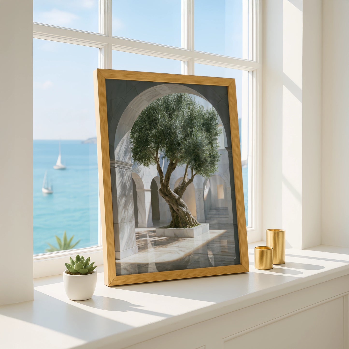Olive Tree Arch Sunlight Poster, Mediterranean Courtyard Wall Art, Minimalist Print