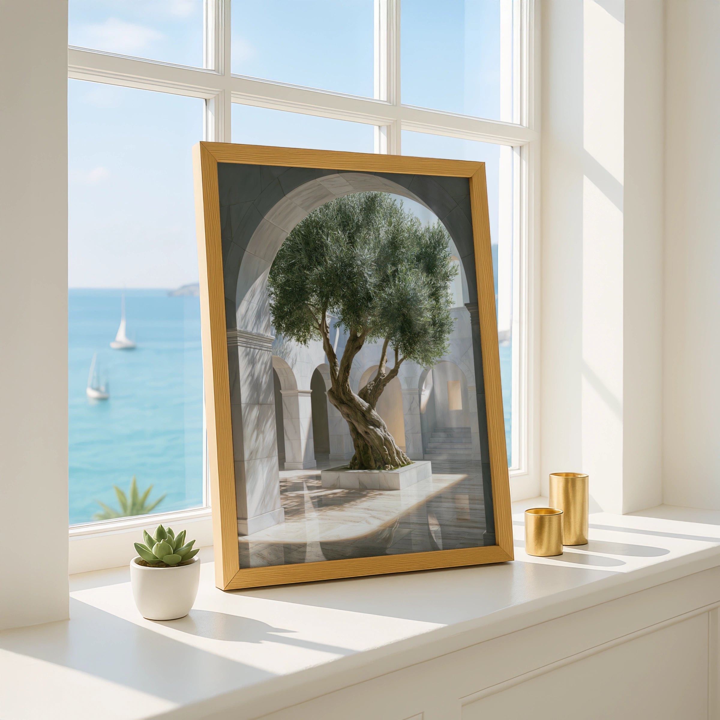 Olive Tree Arch Sunlight Poster, Mediterranean Courtyard Wall Art, Minimalist Print