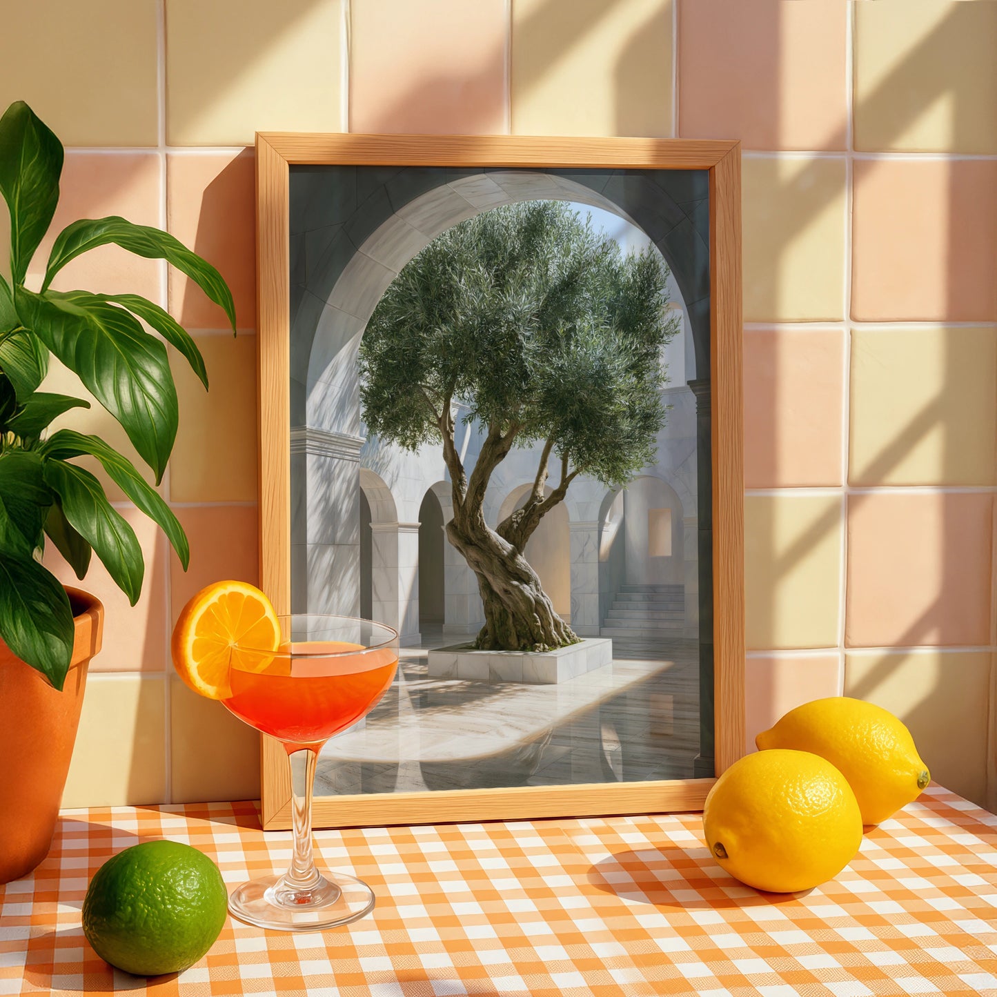 Olive Tree Arch Sunlight Poster, Mediterranean Courtyard Wall Art, Minimalist Print