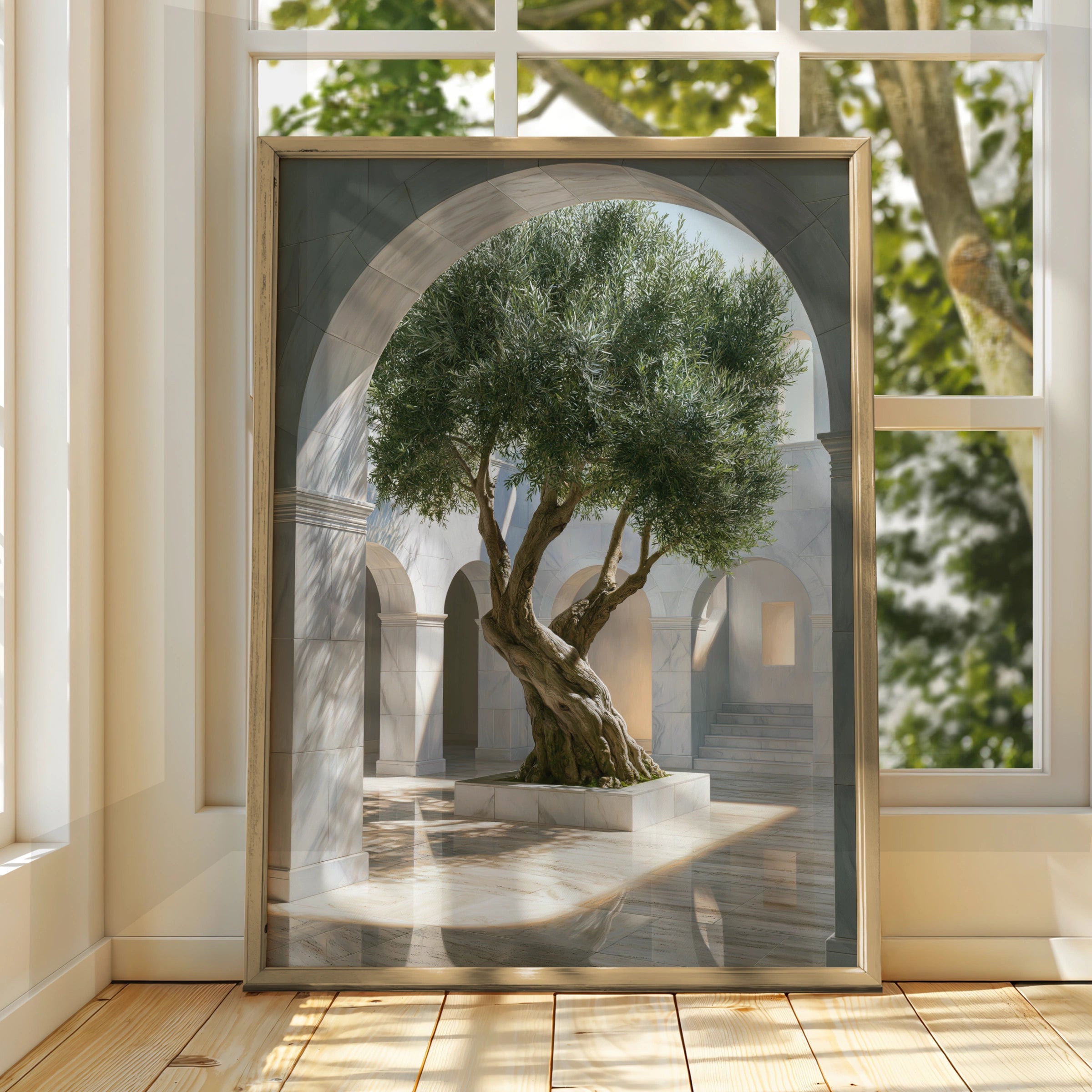Olive Tree Arch Sunlight Poster, Mediterranean Courtyard Wall Art, Minimalist Print