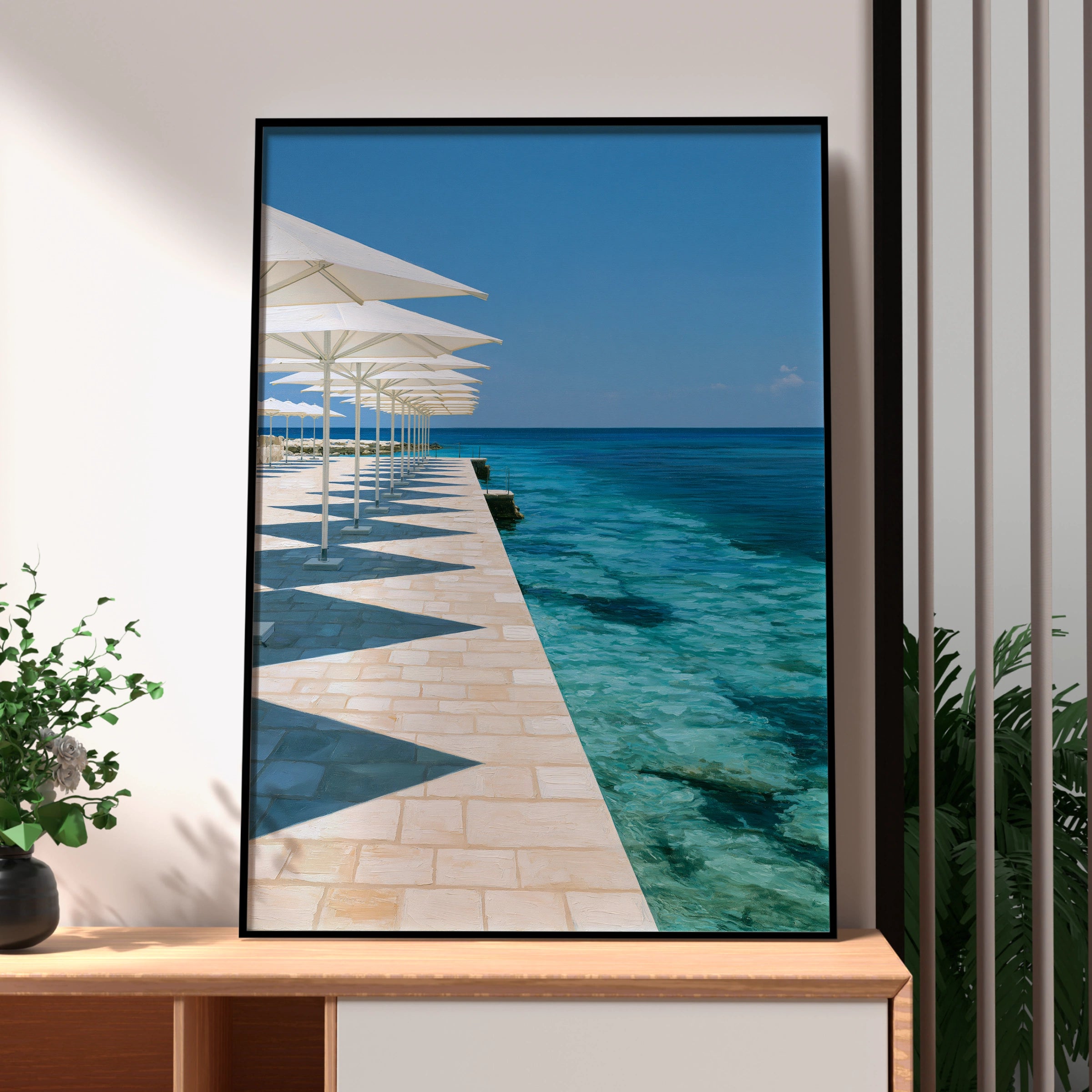 Beach Parasols Symmetry Poster, Mediterranean Seafront, Coastal Wall Art Print