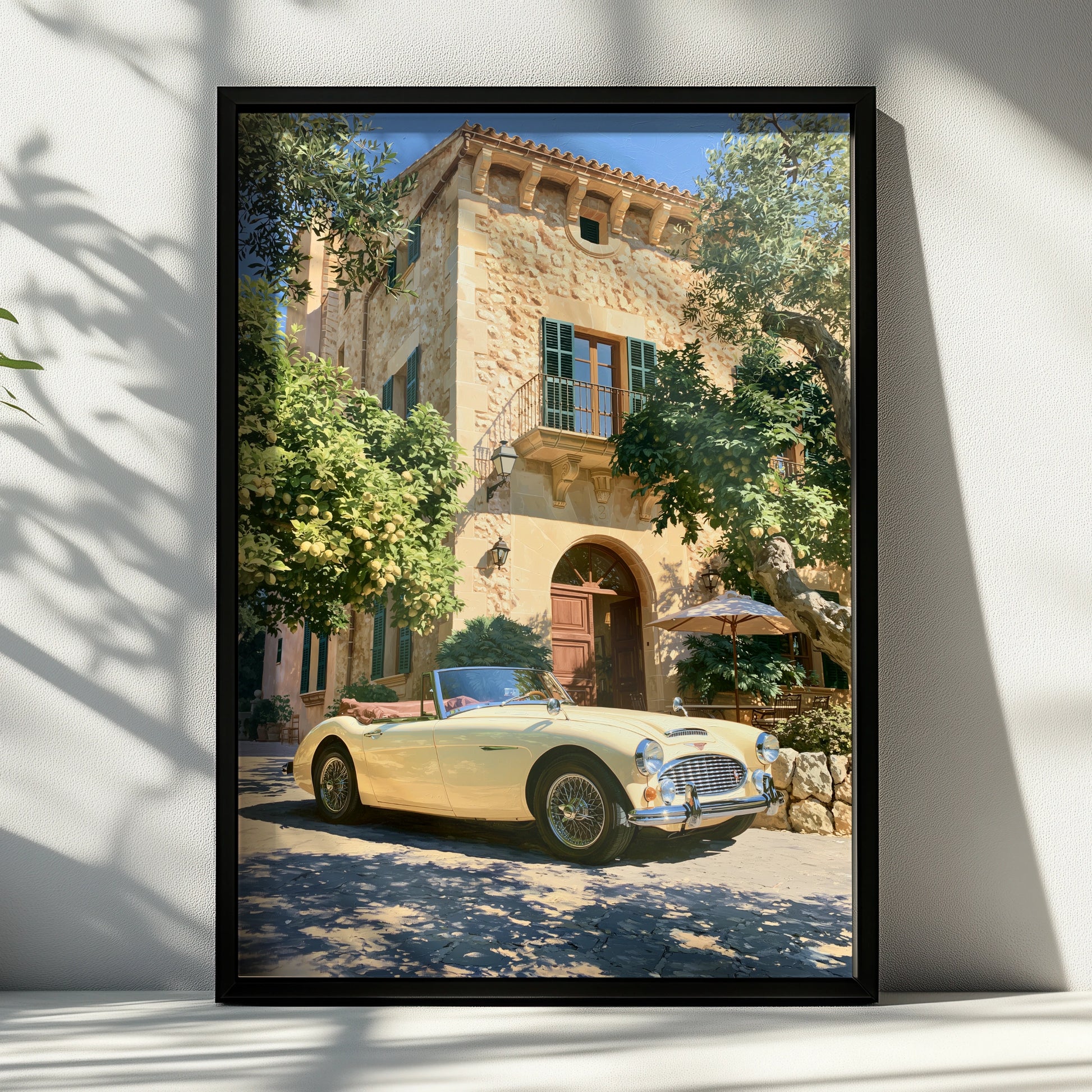 Classic Car Mediterranean Villa Poster, Vintage Convertible Art Print, Retro
