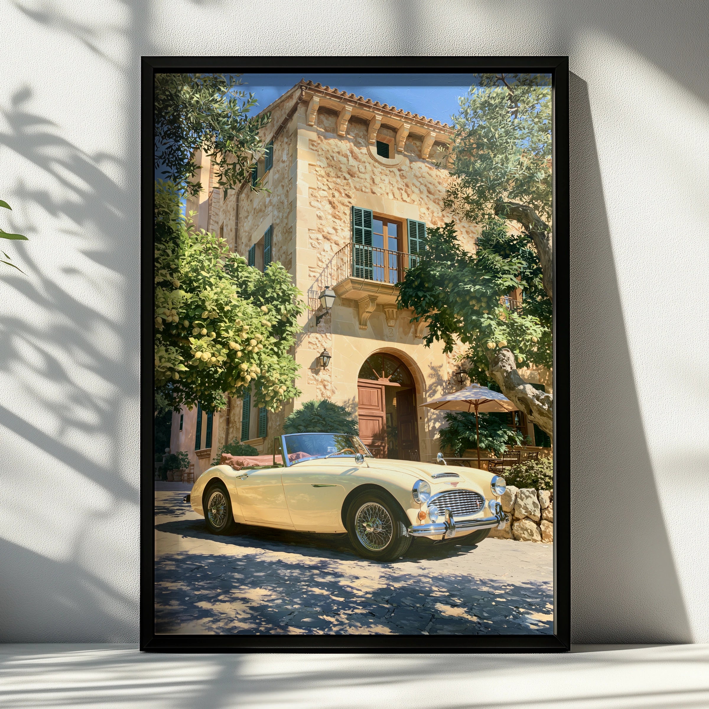 Classic Car Mediterranean Villa Poster, Vintage Convertible Art Print, Retro
