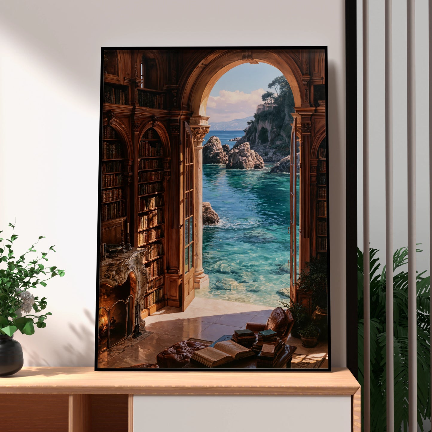 Beach Library Poster, Coastal Bookshelf Arch Wall Art, Dreamy Ocean View Print