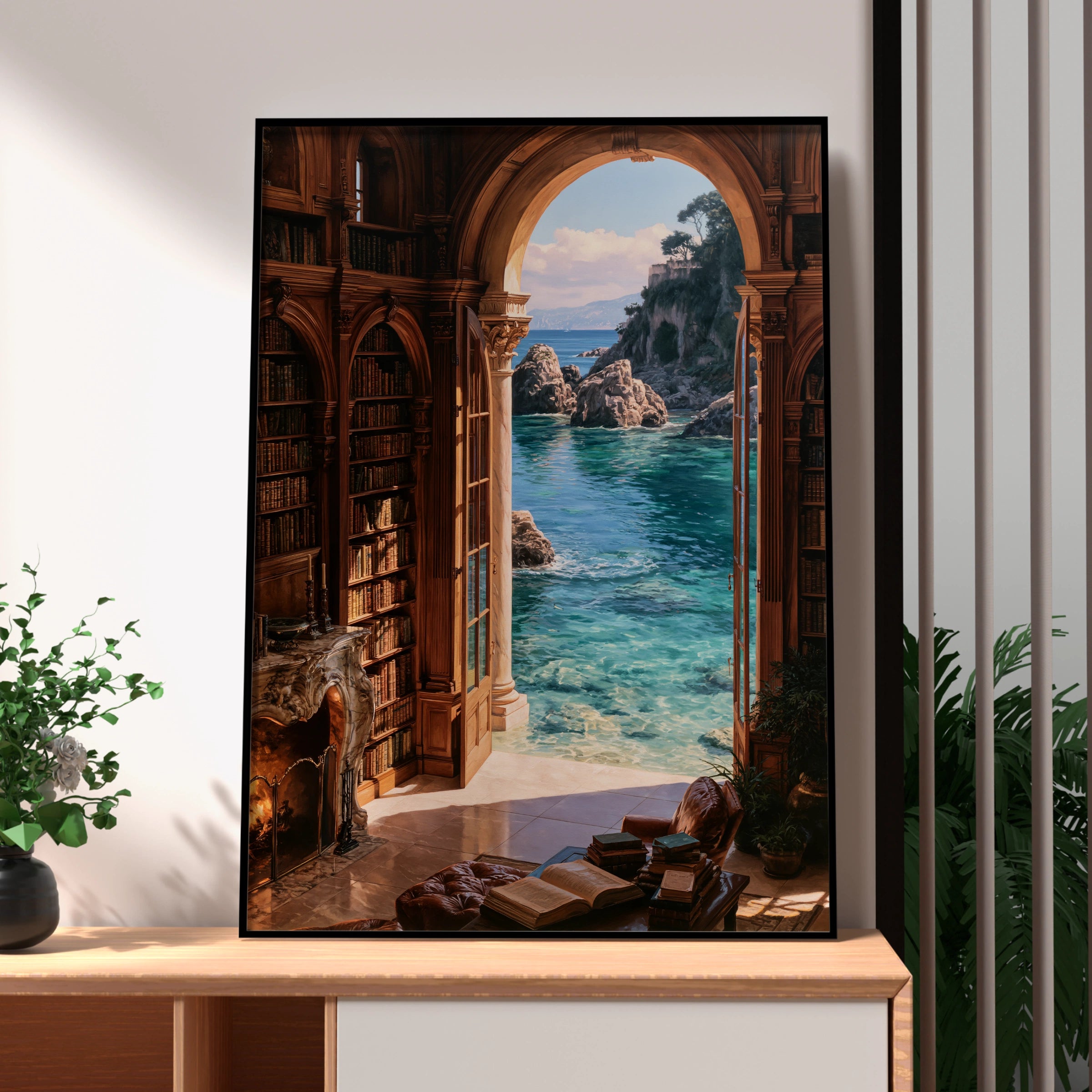 Beach Library Poster, Coastal Bookshelf Arch Wall Art, Dreamy Ocean View Print
