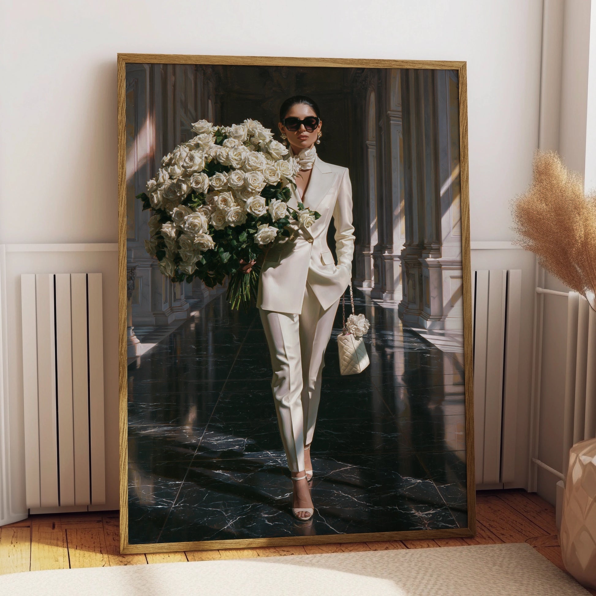 Woman with White Roses Poster, Elegant Fashion Wall Art, Luxury Marble Hall Print