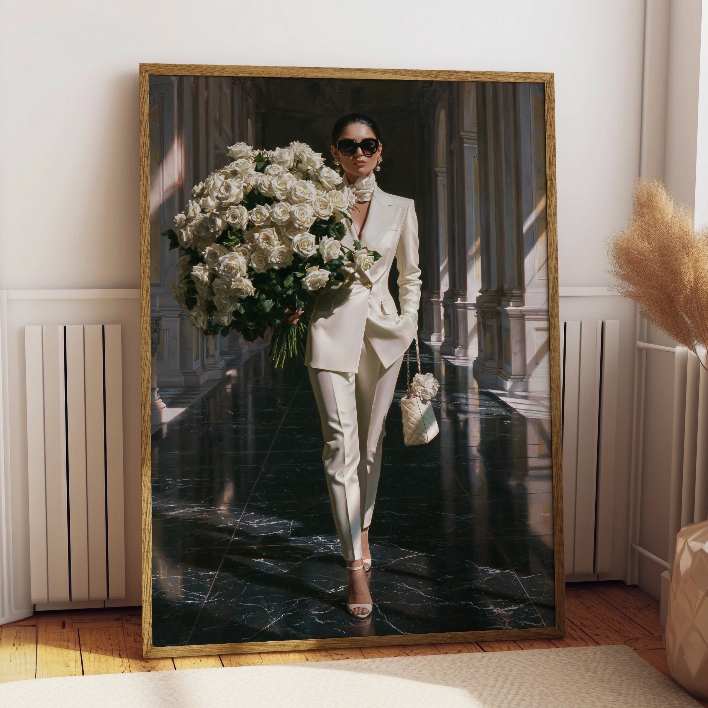 Woman with White Roses Poster, Elegant Fashion Wall Art, Luxury Marble Hall Print