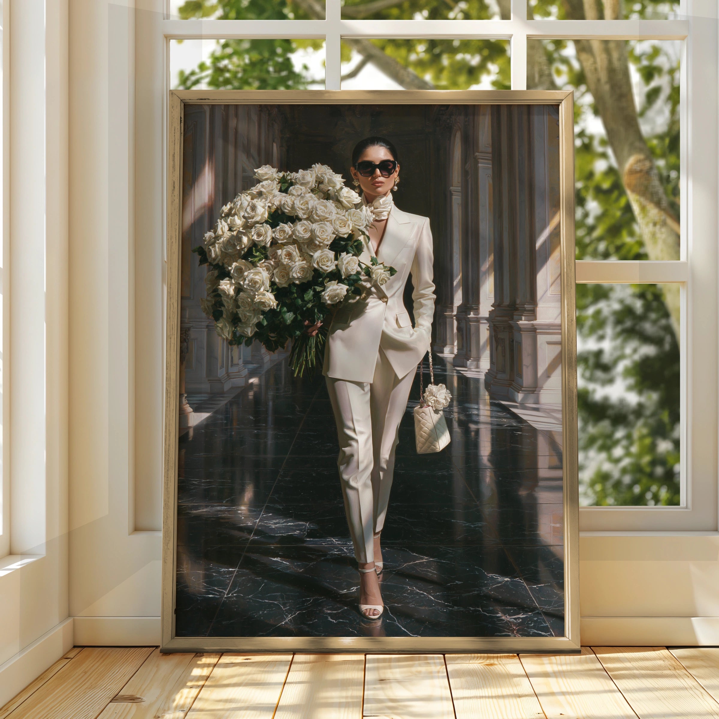 Woman with White Roses Poster, Elegant Fashion Wall Art, Luxury Marble Hall Print