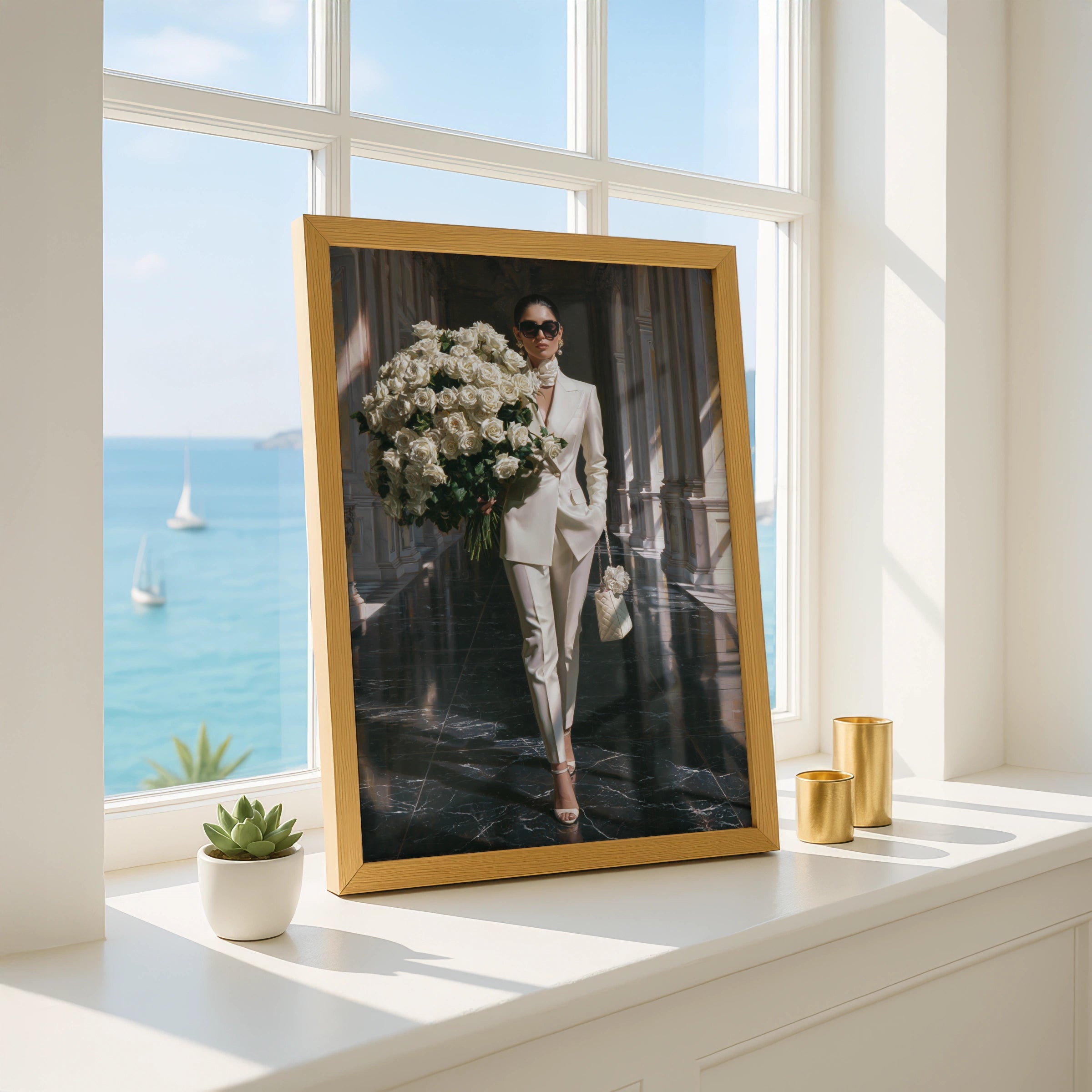Woman with White Roses Poster, Elegant Fashion Wall Art, Luxury Marble Hall Print
