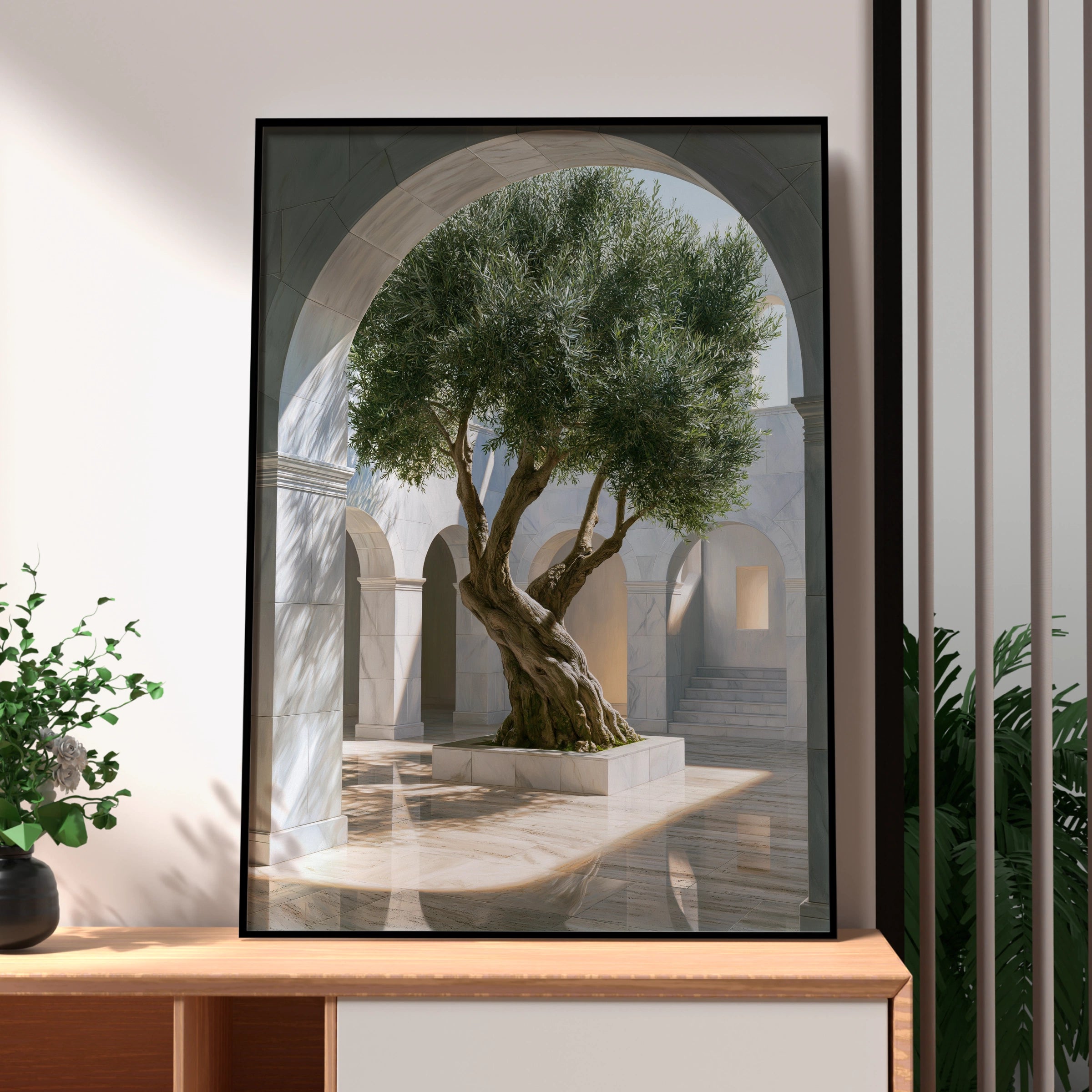 Olive Tree Arch Sunlight Poster, Mediterranean Courtyard Wall Art, Minimalist Print