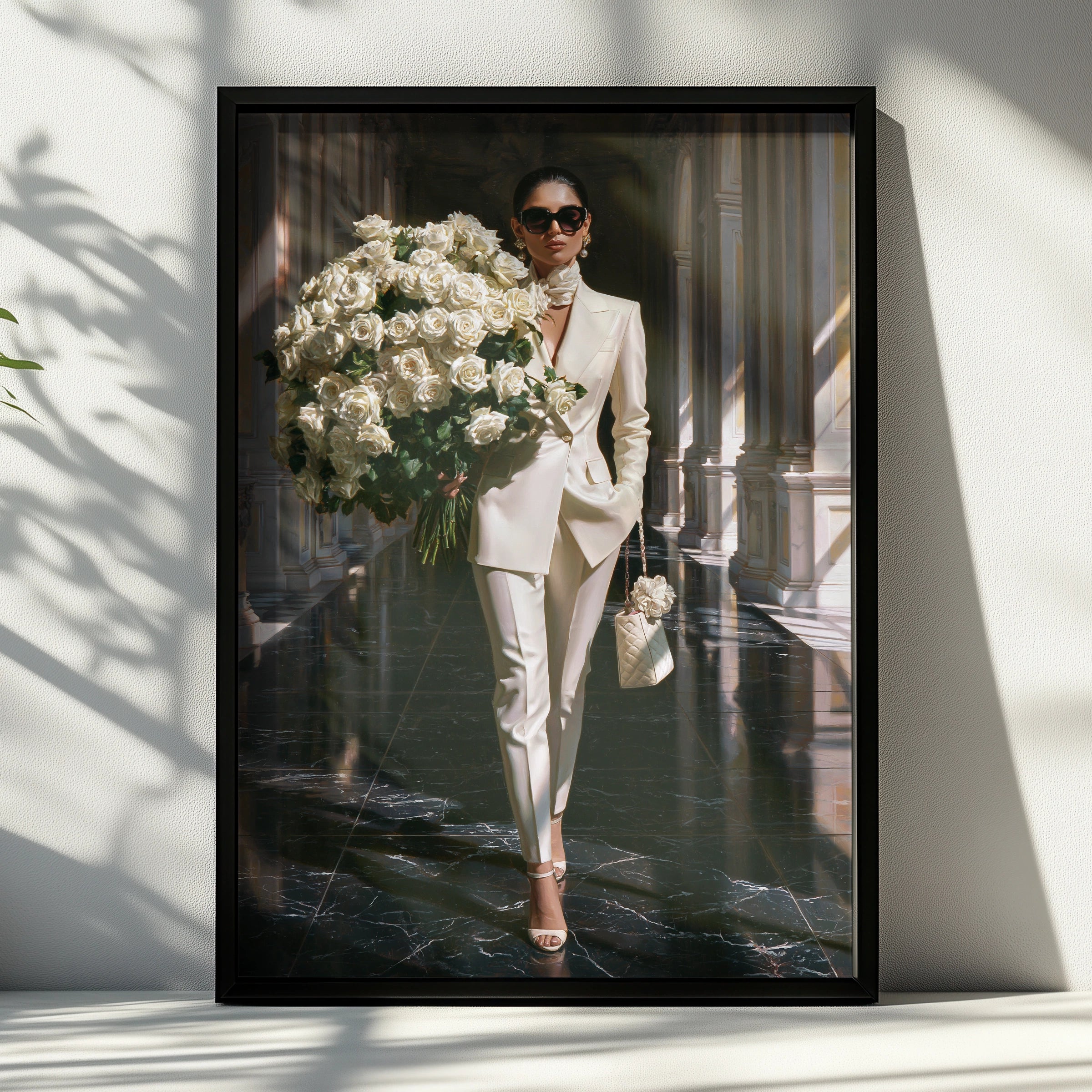 Woman with White Roses Poster, Elegant Fashion Wall Art, Luxury Marble Hall Print