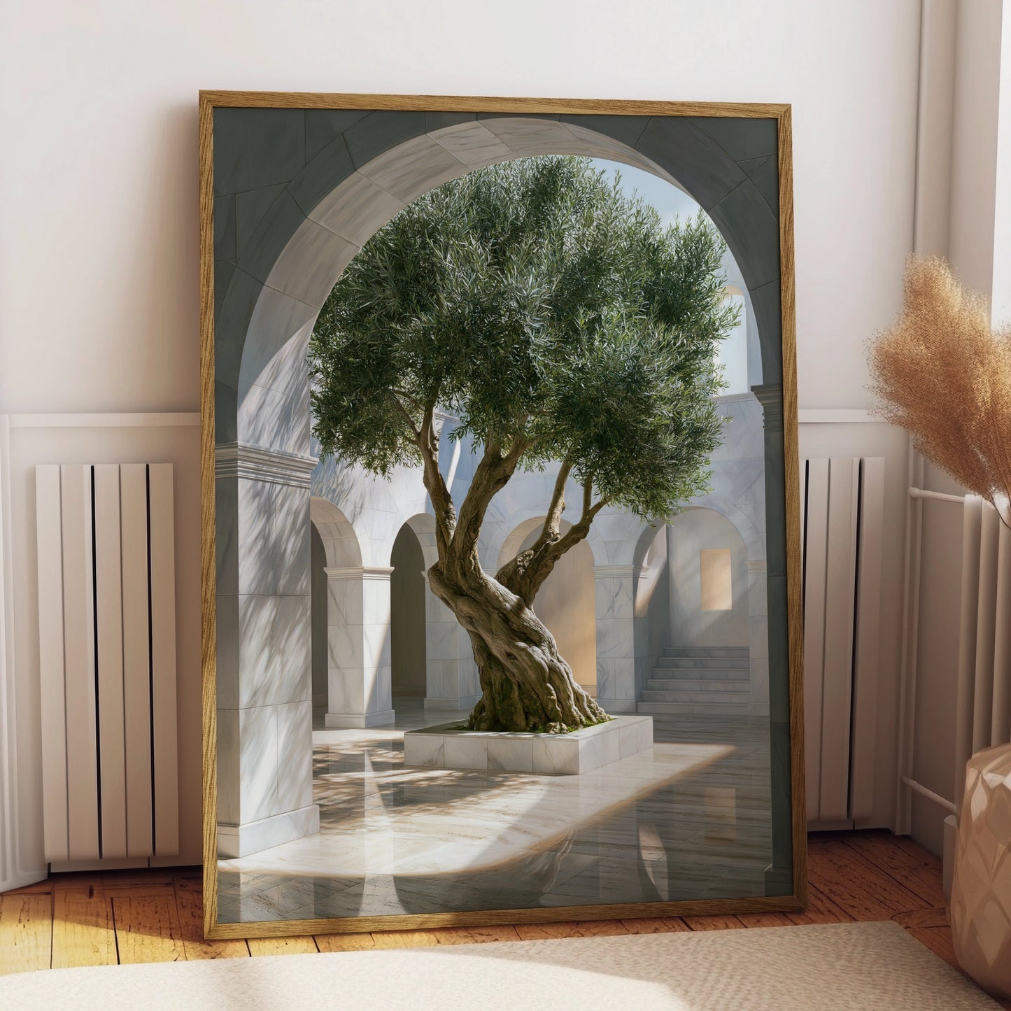 Olive Tree Arch Sunlight Poster, Mediterranean Courtyard Wall Art, Minimalist Print