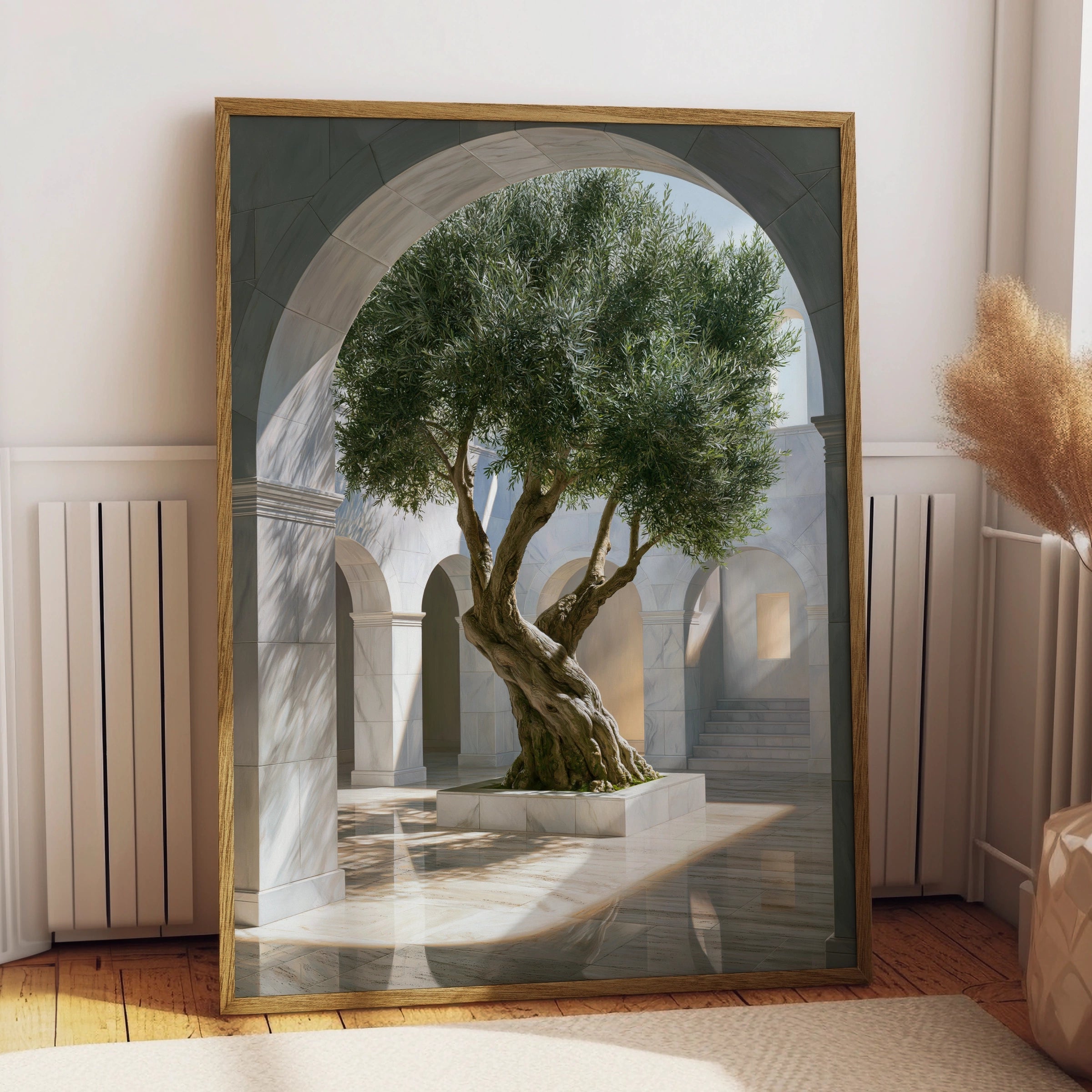 Olive Tree Arch Sunlight Poster, Mediterranean Courtyard Wall Art, Minimalist Print
