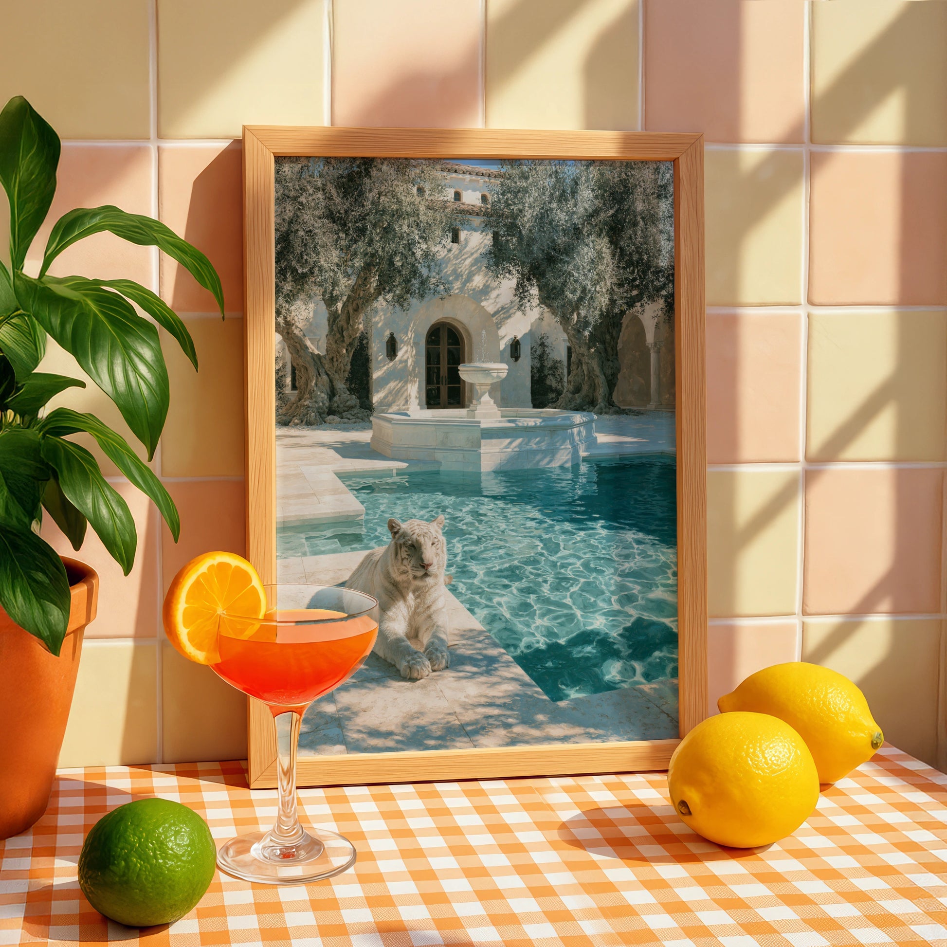 White Tiger by Marble Pool, Mediterranean Villa Poster, Luxury Art Print