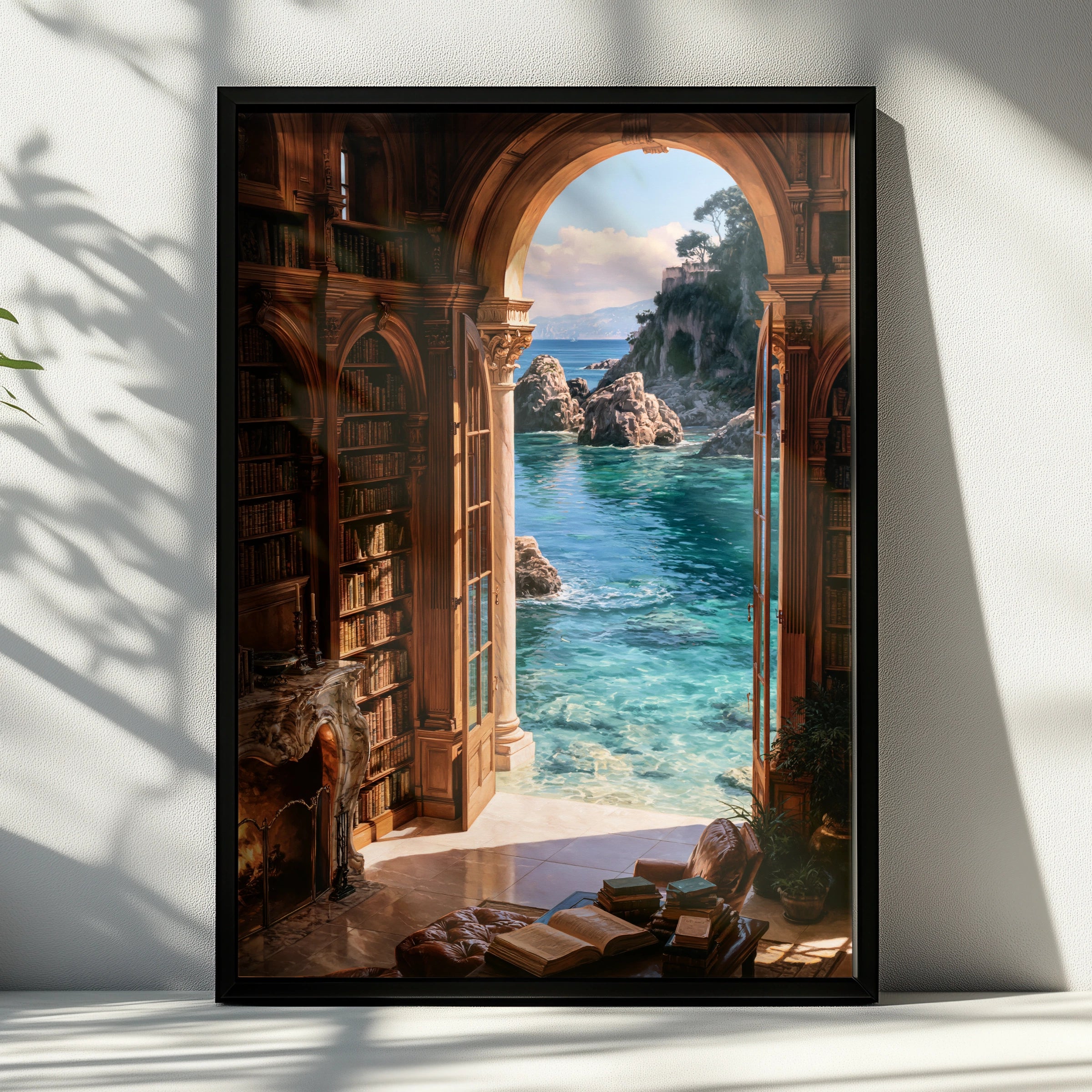 Beach Library Poster, Coastal Bookshelf Arch Wall Art, Dreamy Ocean View Print