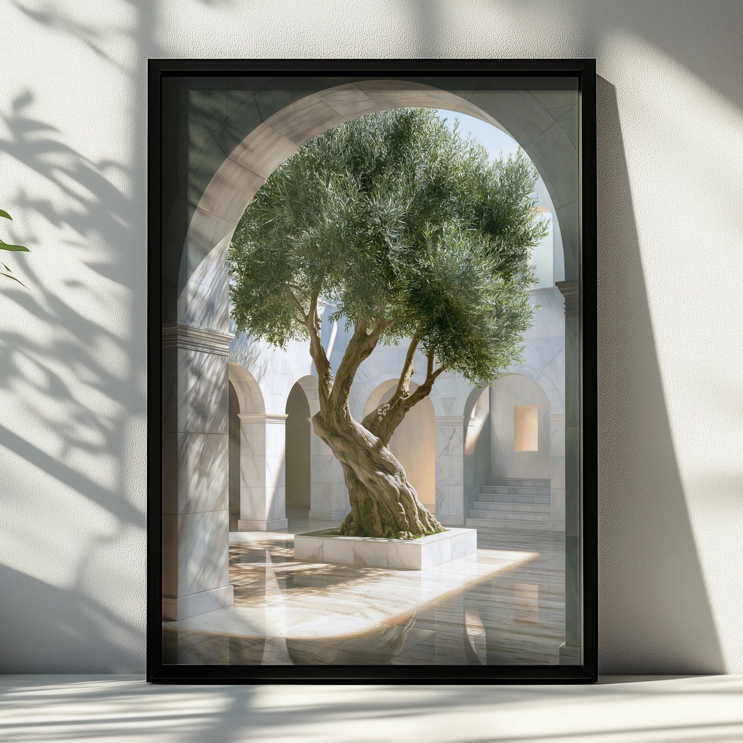 Olive Tree Arch Sunlight Poster, Mediterranean Courtyard Wall Art, Minimalist Print
