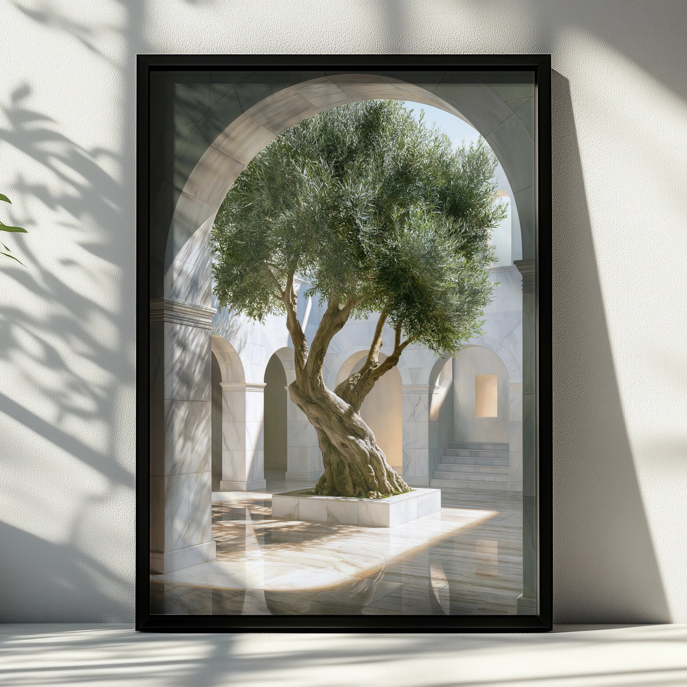 Olive Tree Arch Sunlight Poster, Mediterranean Courtyard Wall Art, Minimalist Print