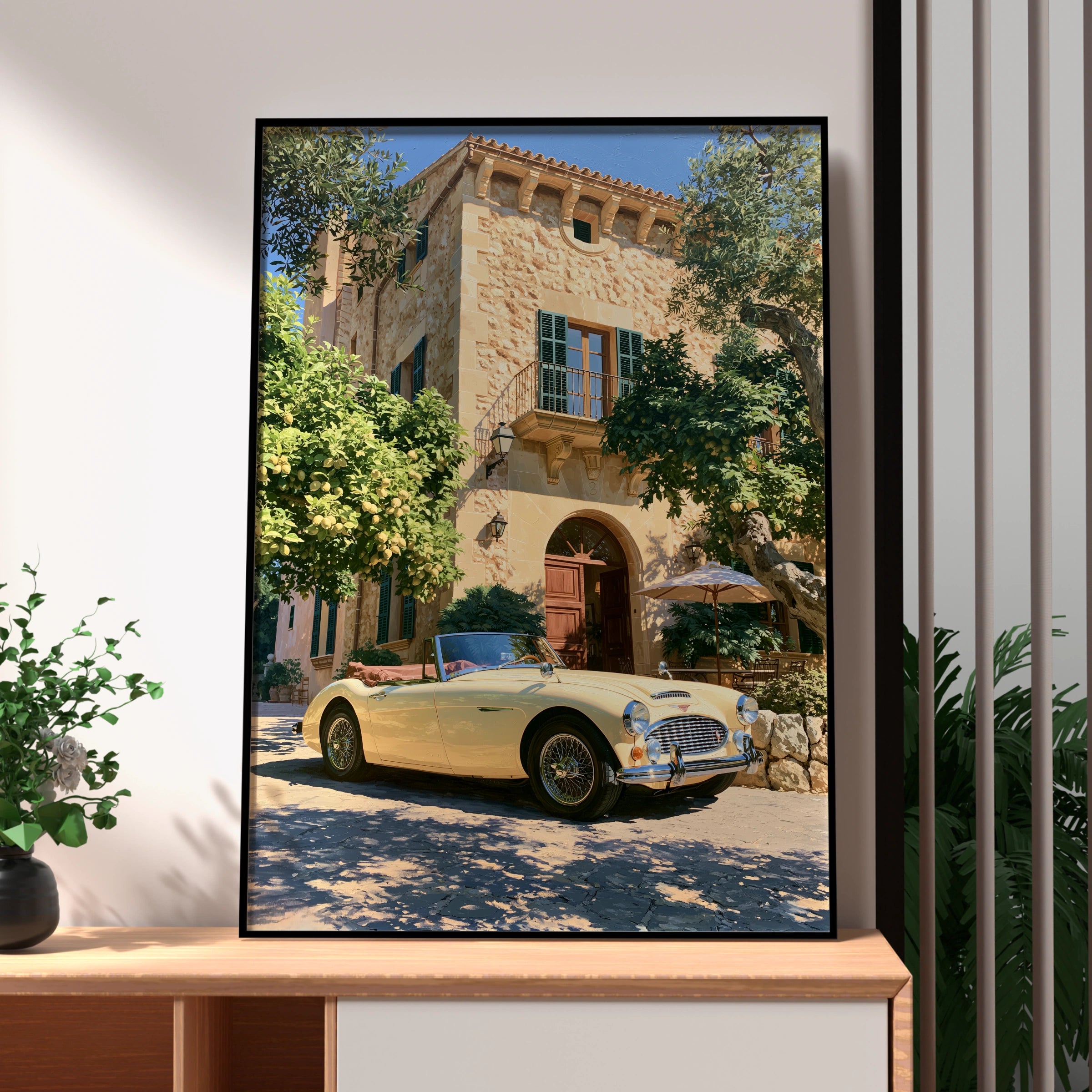 Classic Car Mediterranean Villa Poster, Vintage Convertible Art Print, Retro