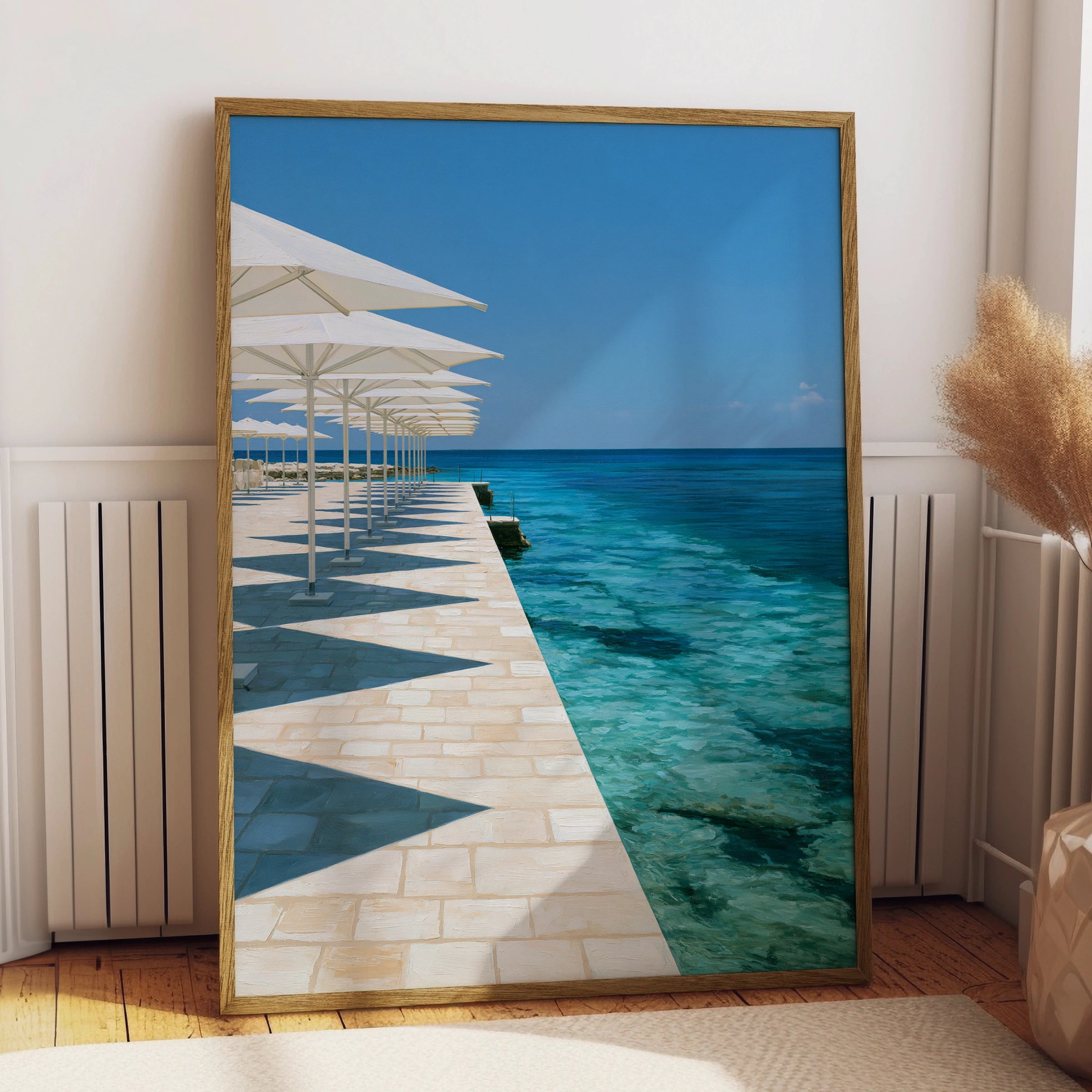 Beach Parasols Symmetry Poster, Mediterranean Seafront, Coastal Wall Art Print