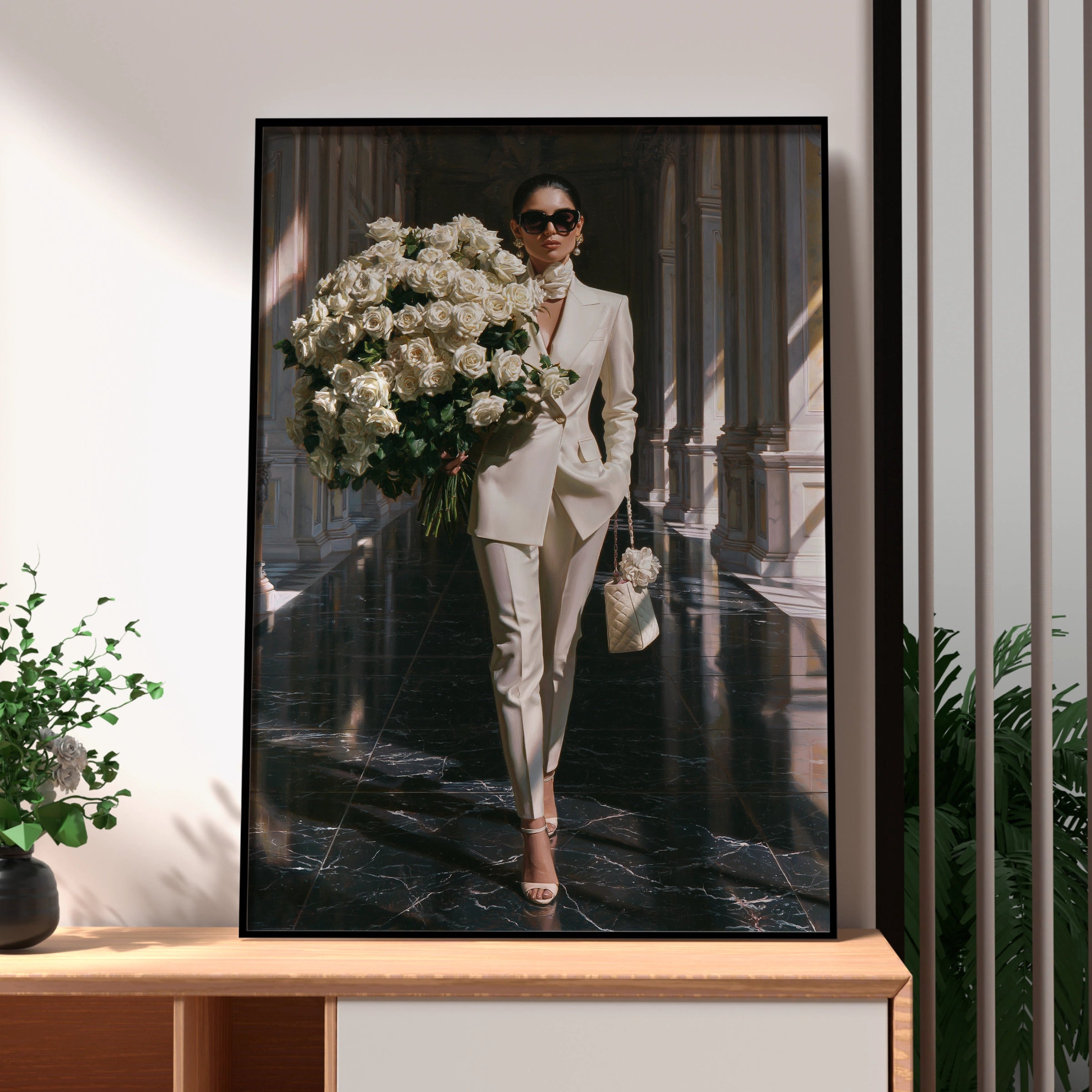 Woman with White Roses Poster, Elegant Fashion Wall Art, Luxury Marble Hall Print