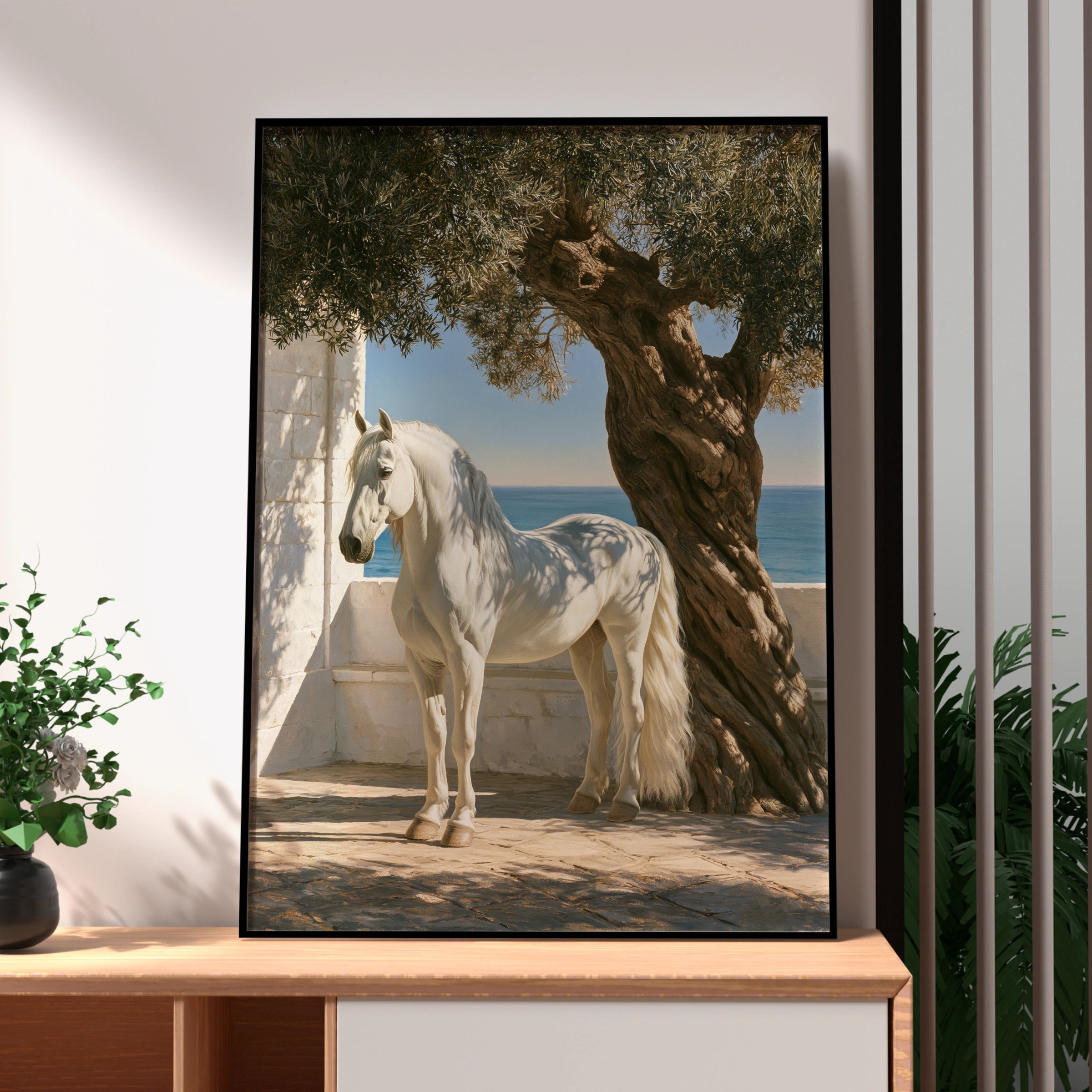 White Stallion Olive Tree Mediterranean Sea Wall Art Poster, Coastal Horse Print