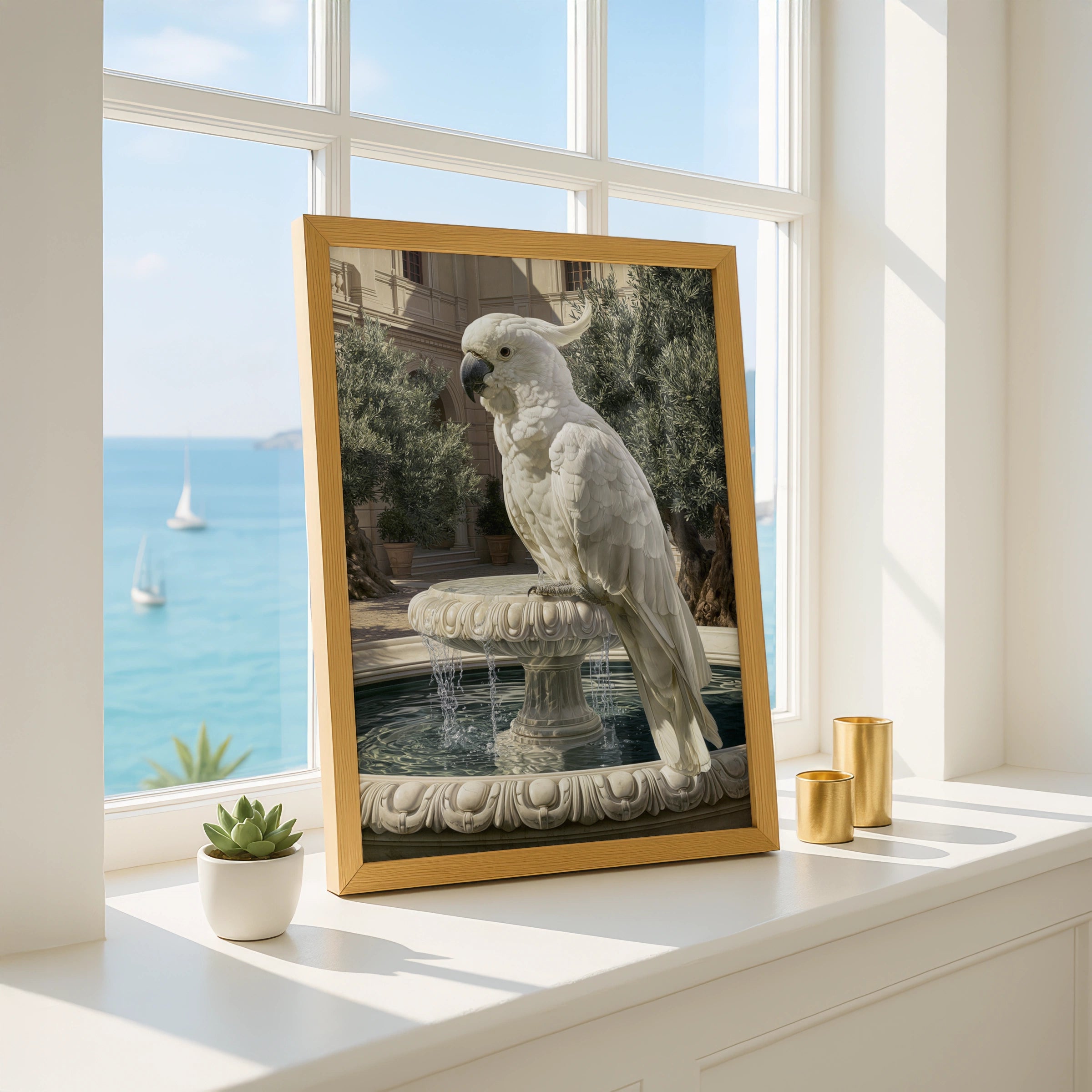 White Cockatoo on Marble Fountain Poster, Classical Courtyard Bird Wall Art