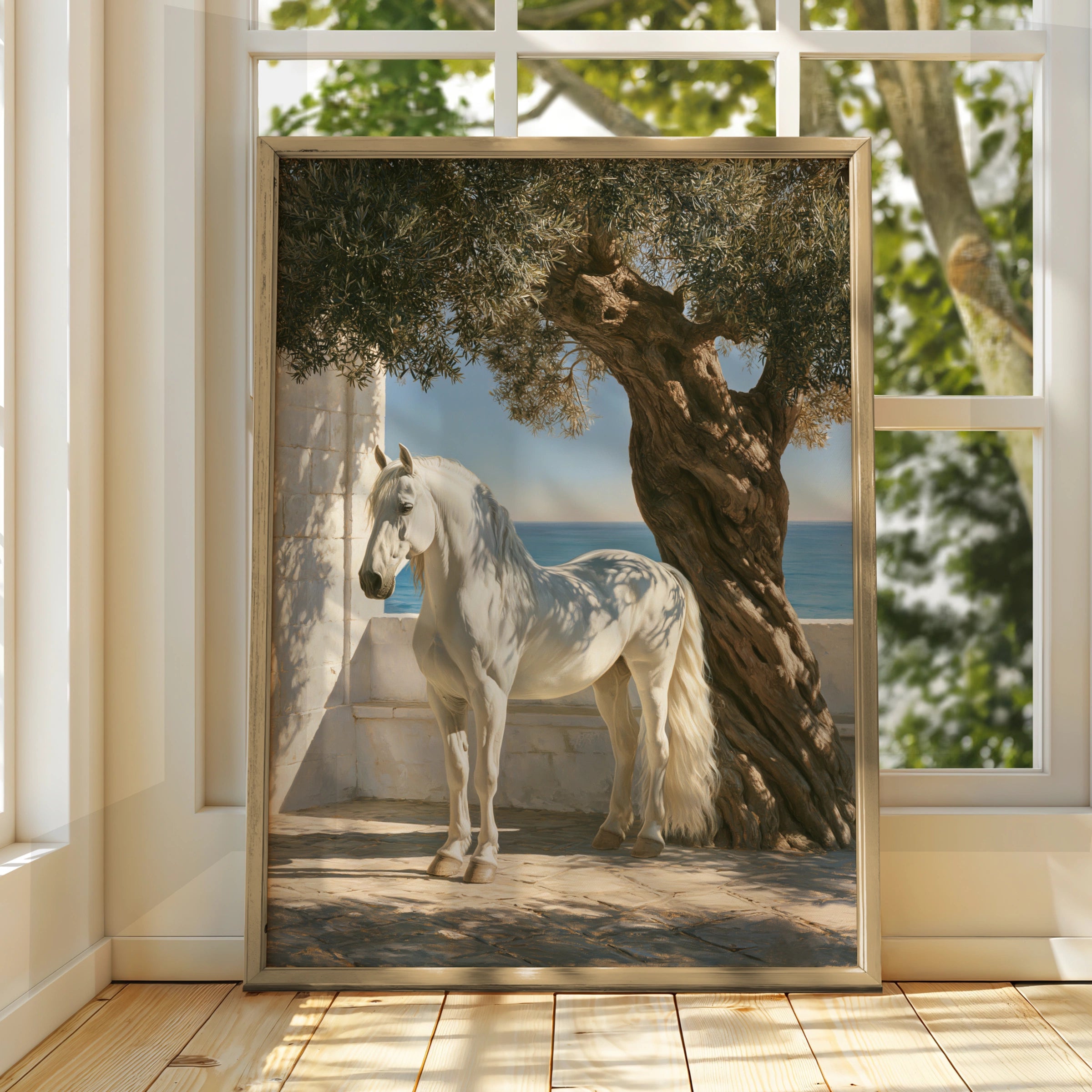 White Stallion Olive Tree Mediterranean Sea Wall Art Poster, Coastal Horse Print