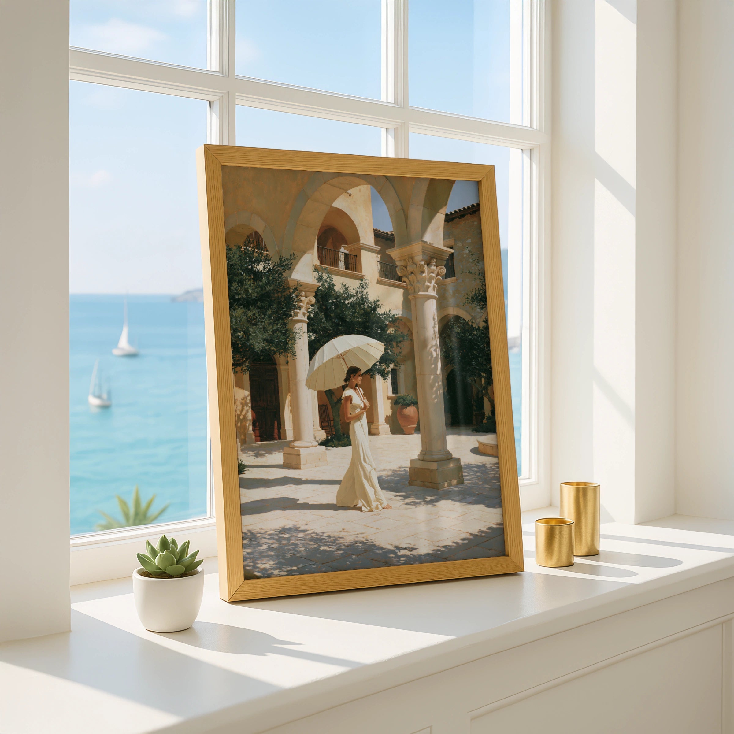Woman Umbrella Courtyard Wall Art Poster, Mediterranean Figurative Print