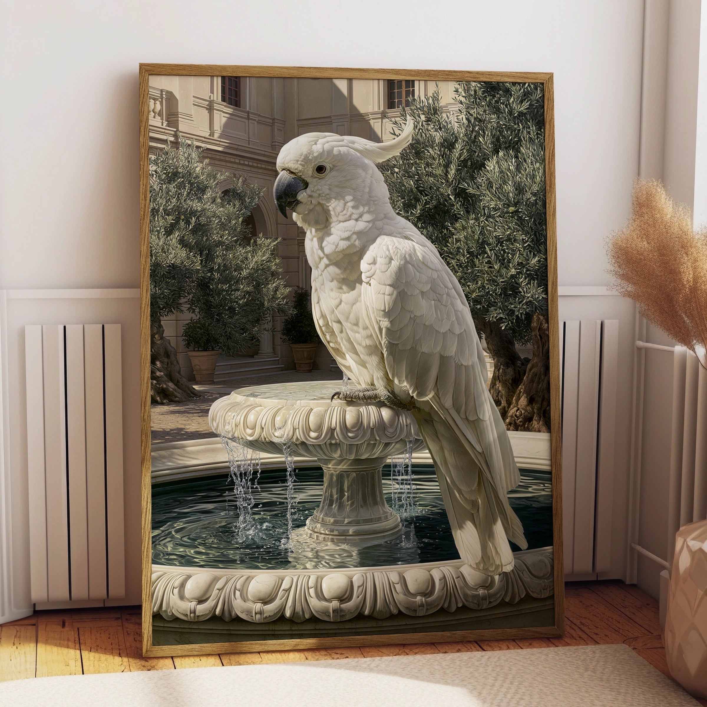 White Cockatoo on Marble Fountain Poster, Classical Courtyard Bird Wall Art