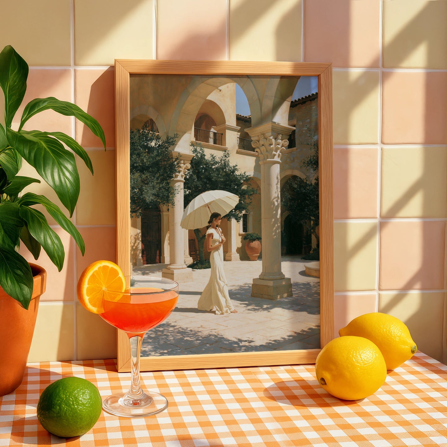Woman Umbrella Courtyard Wall Art Poster, Mediterranean Figurative Print