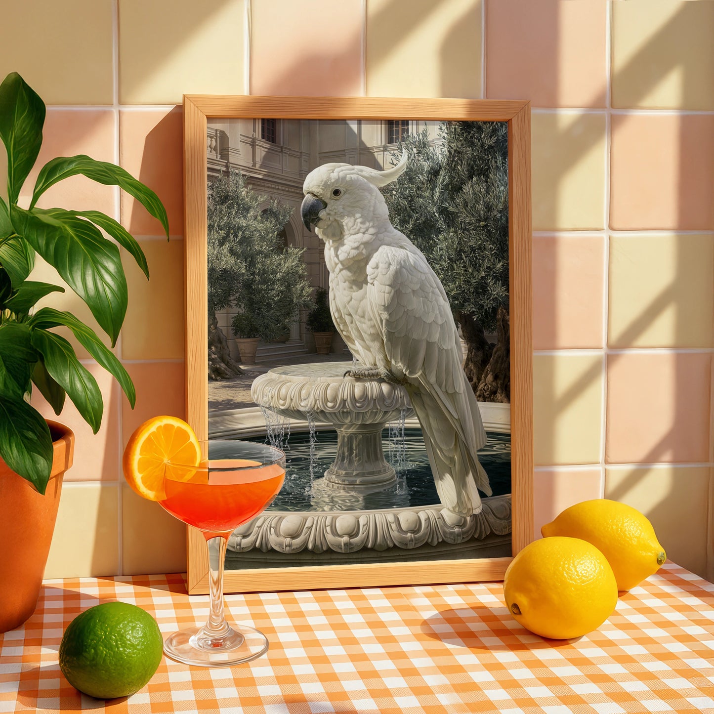 White Cockatoo on Marble Fountain Poster, Classical Courtyard Bird Wall Art