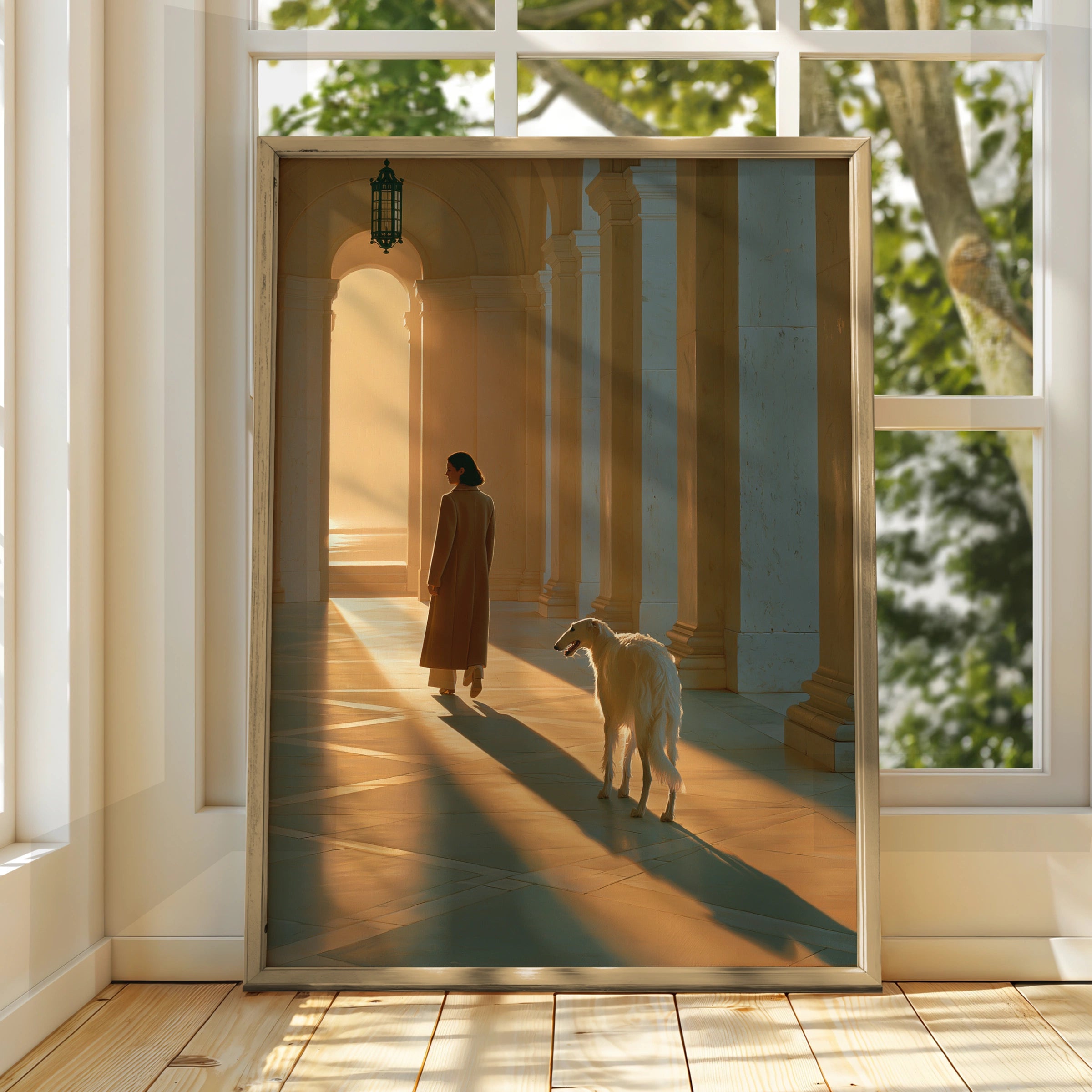 Woman & Borzoi Dog Colonnade Wall Art Poster, Golden Light Figurative Print