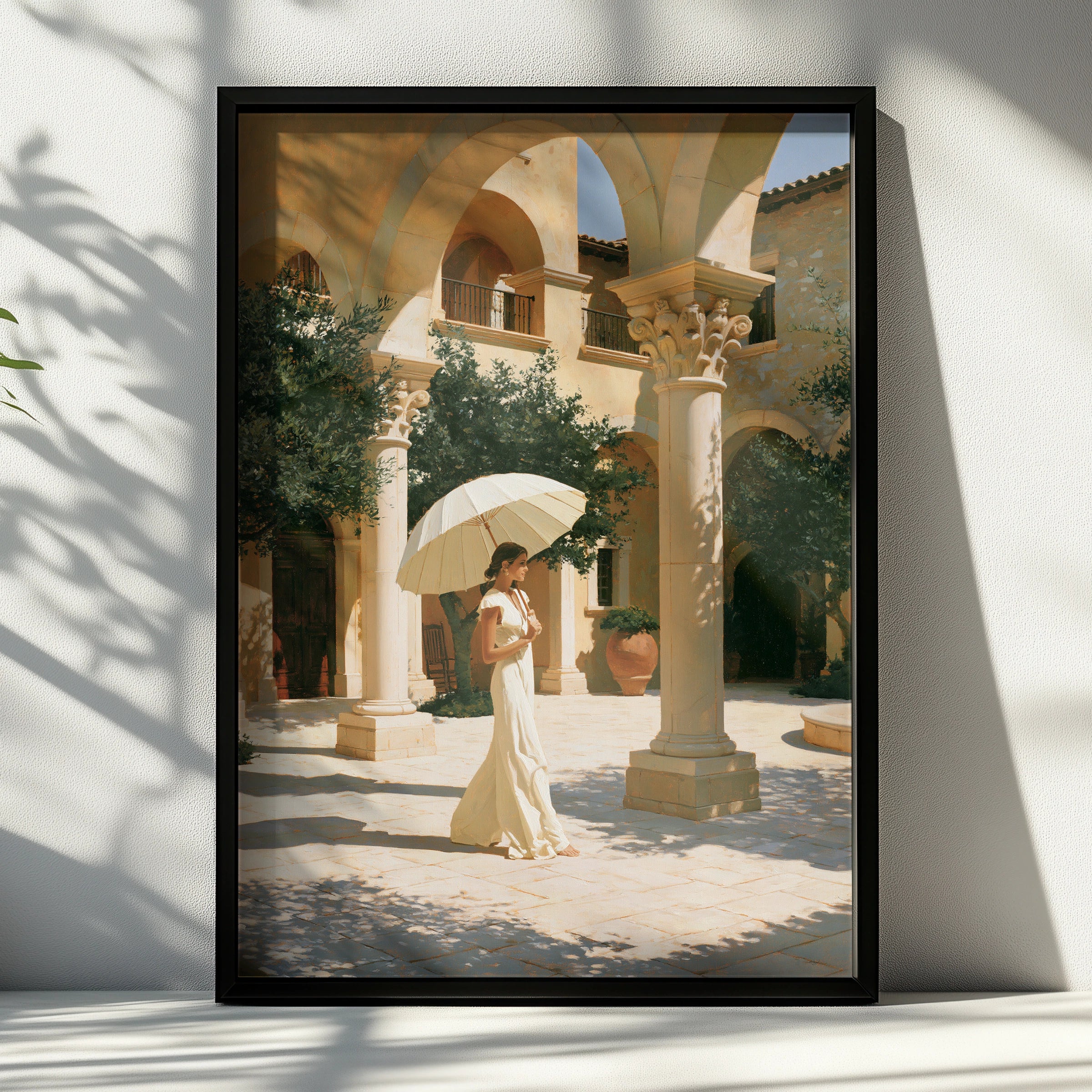 Woman Umbrella Courtyard Wall Art Poster, Mediterranean Figurative Print