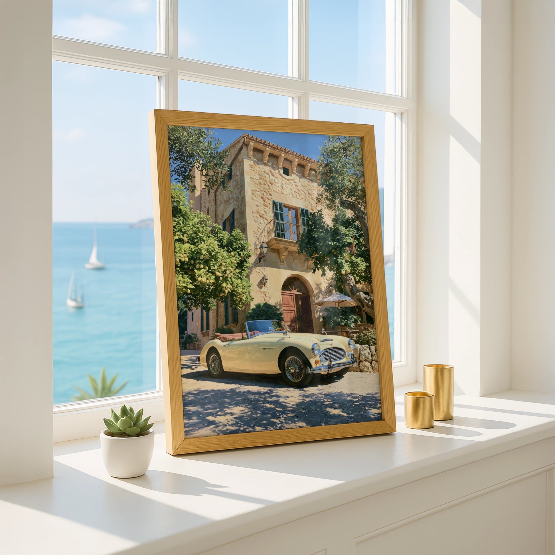 Classic Car Mediterranean Villa Poster, Vintage Convertible Art Print, Retro