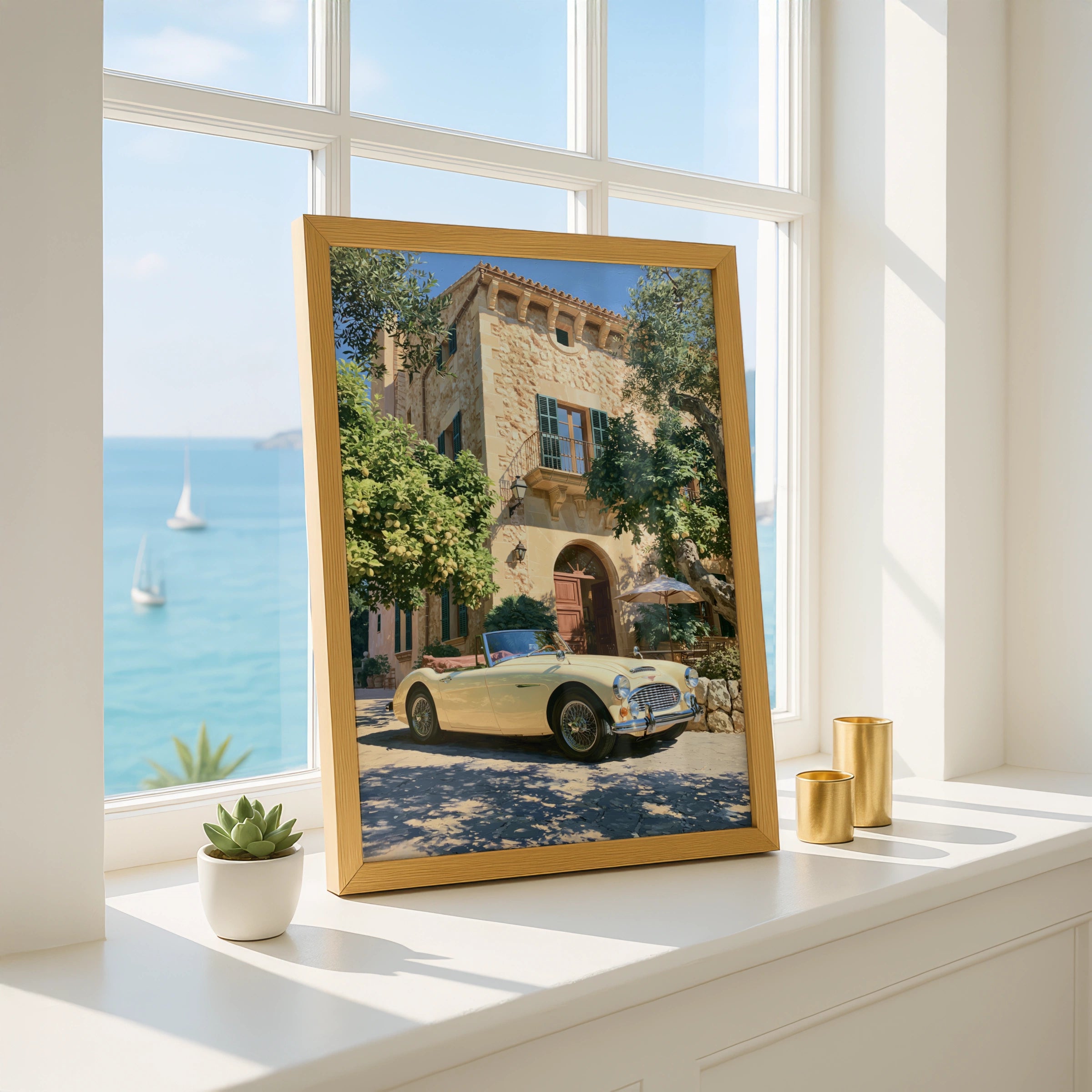 Classic Car Mediterranean Villa Poster, Vintage Convertible Art Print, Retro