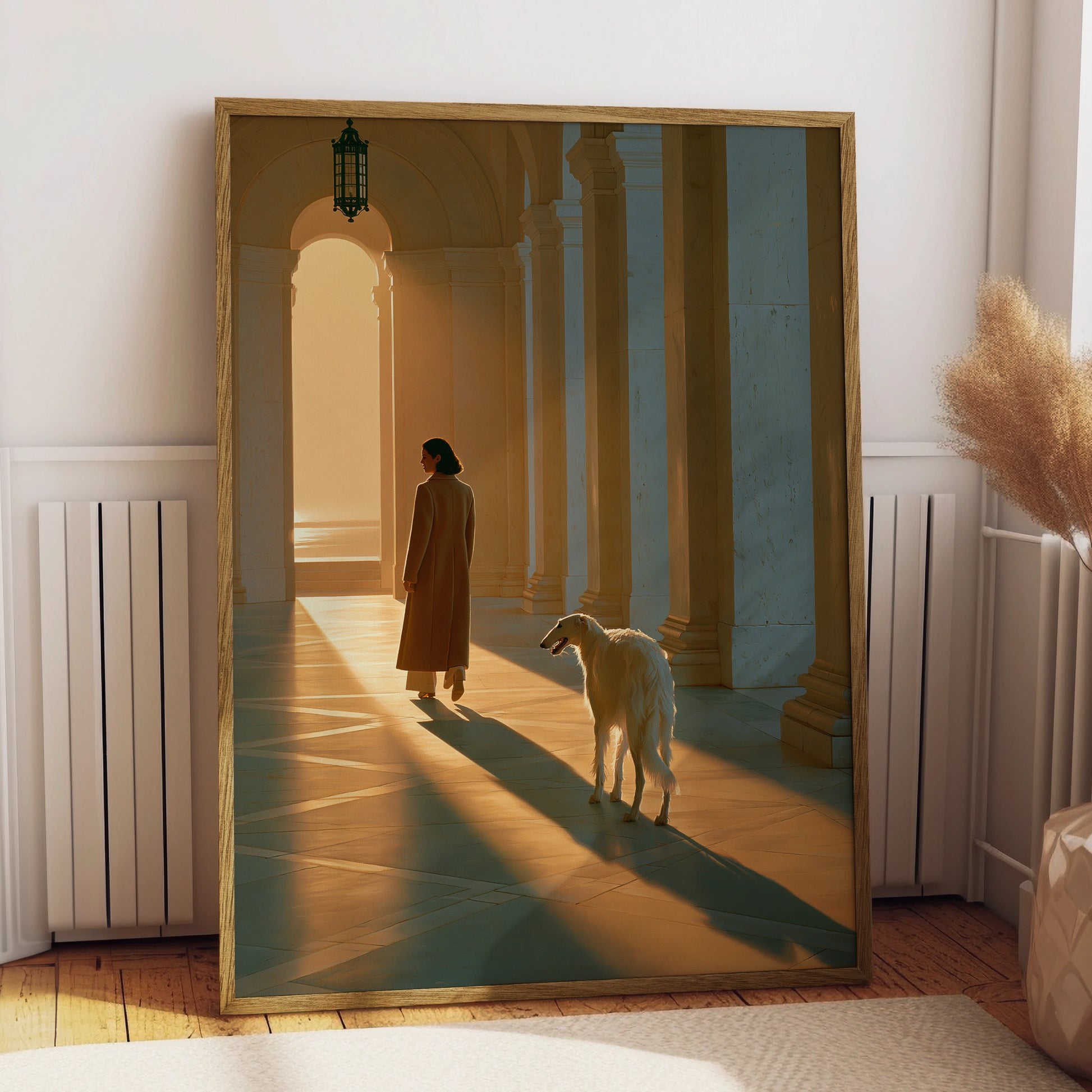 Woman & Borzoi Dog Colonnade Wall Art Poster, Golden Light Figurative Print