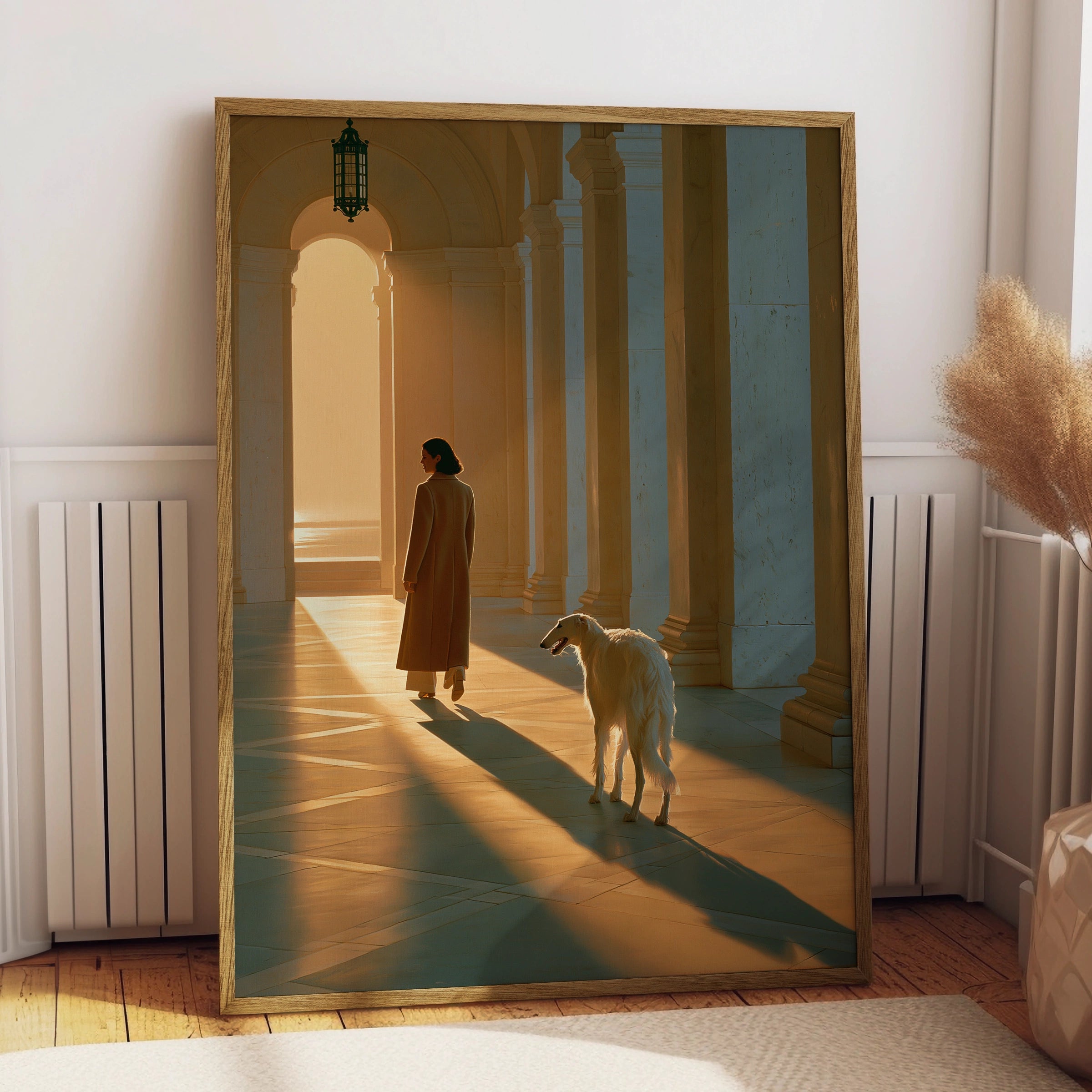Woman & Borzoi Dog Colonnade Wall Art Poster, Golden Light Figurative Print