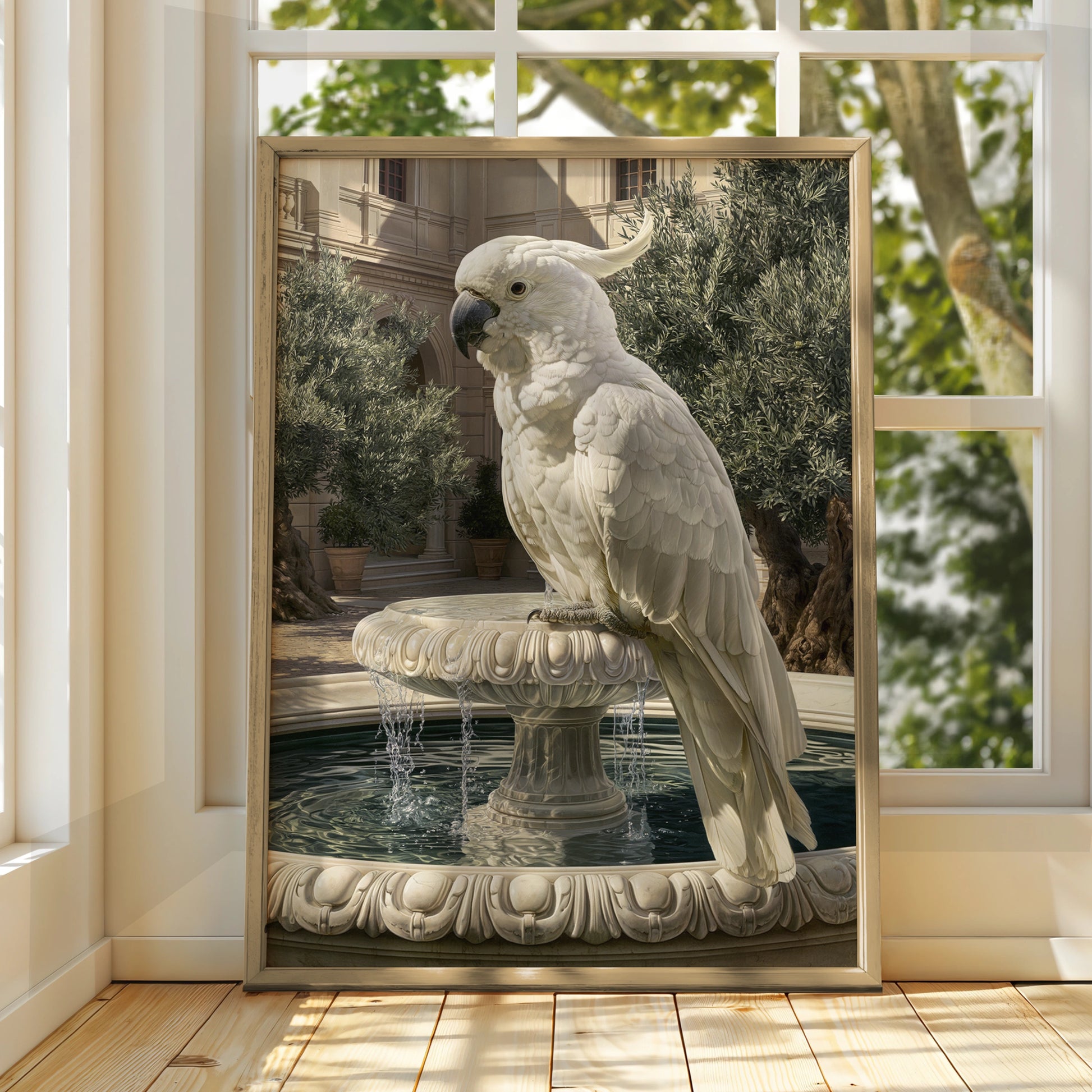 White Cockatoo on Marble Fountain Poster, Classical Courtyard Bird Wall Art