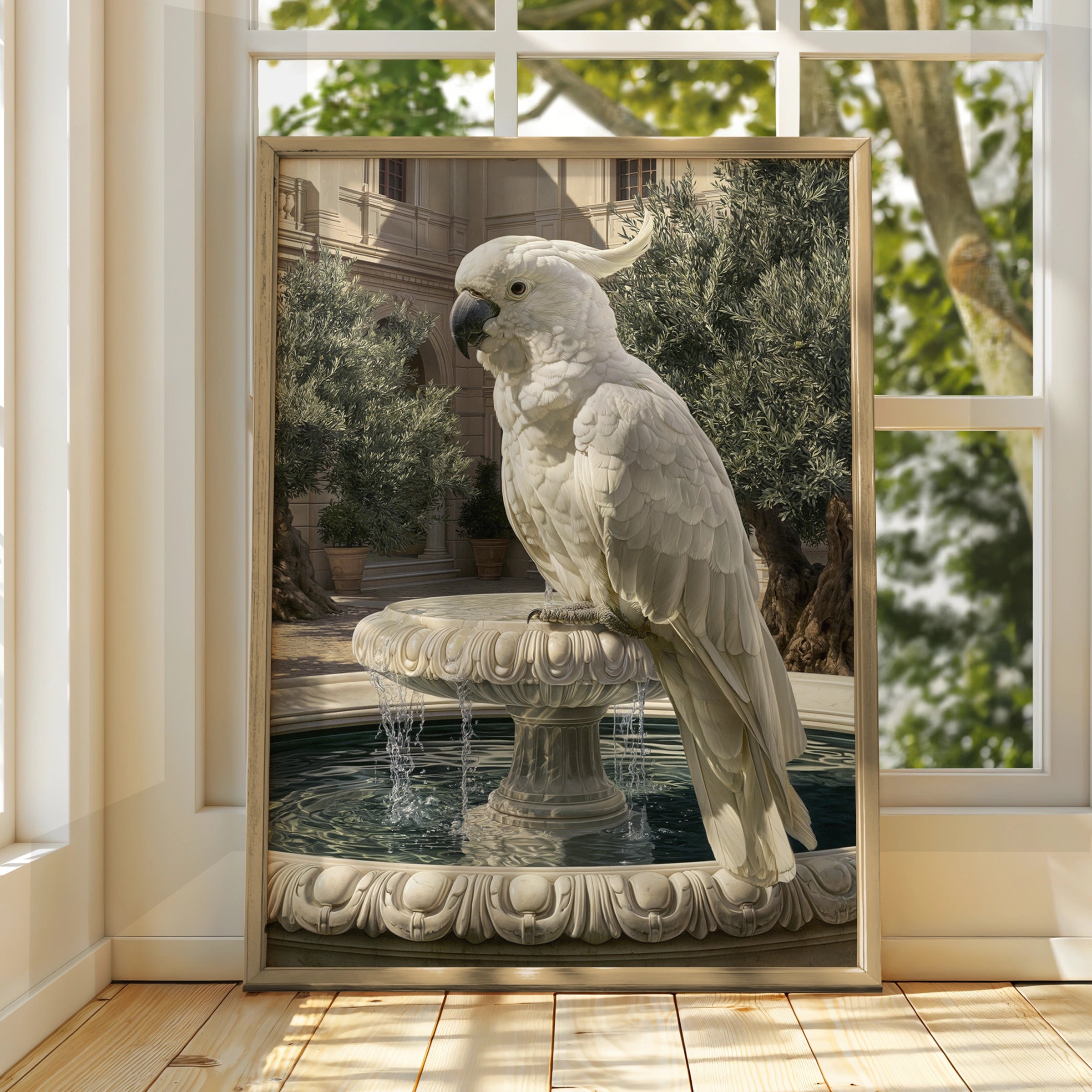 White Cockatoo on Marble Fountain Poster, Classical Courtyard Bird Wall Art