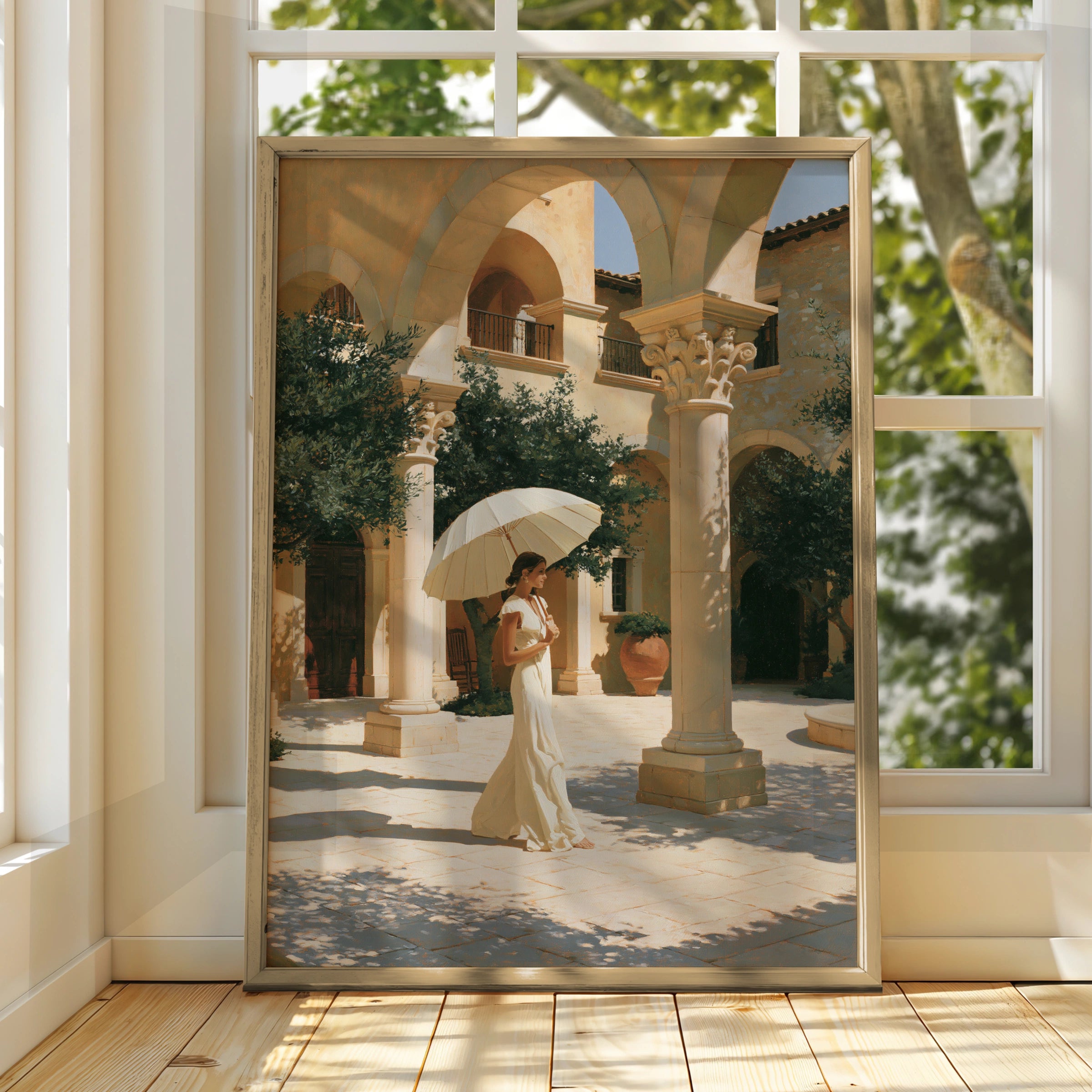 Woman Umbrella Courtyard Wall Art Poster, Mediterranean Figurative Print