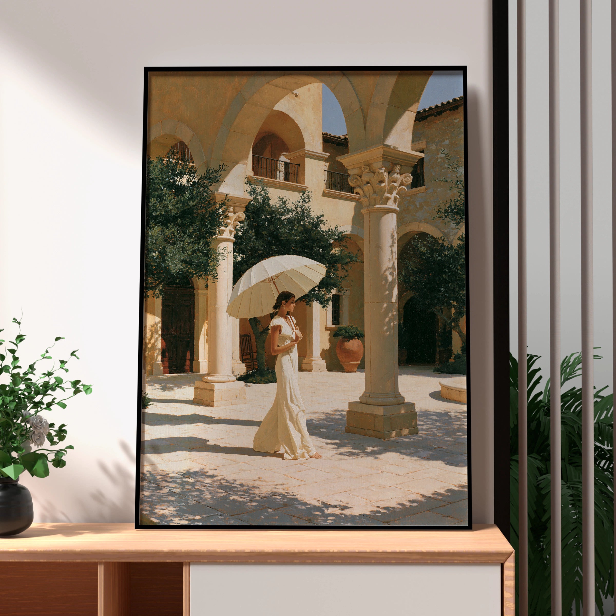 Woman Umbrella Courtyard Wall Art Poster, Mediterranean Figurative Print
