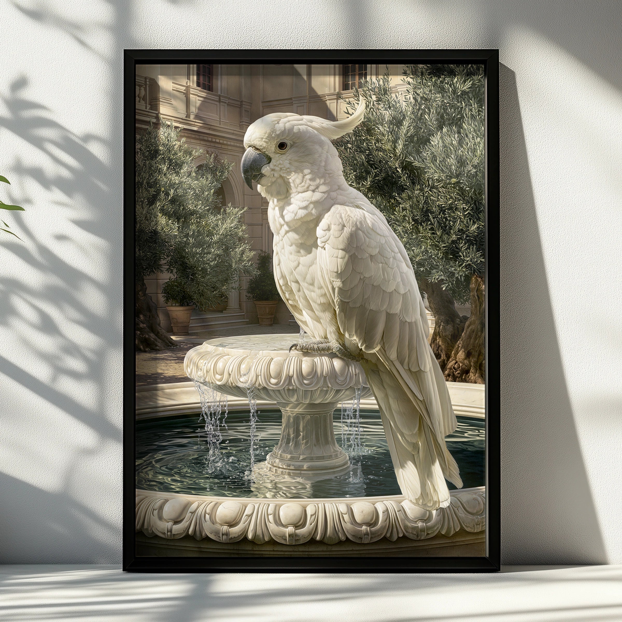 White Cockatoo on Marble Fountain Poster, Classical Courtyard Bird Wall Art