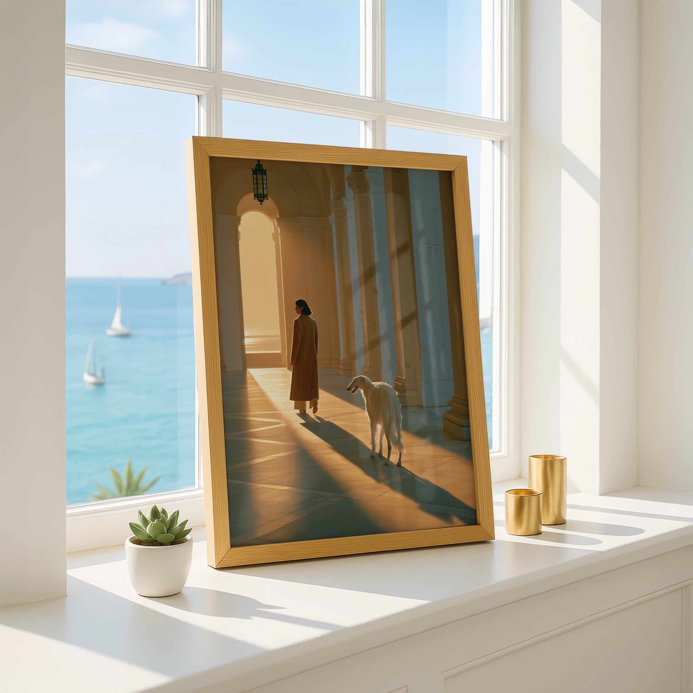 Woman & Borzoi Dog Colonnade Wall Art Poster, Golden Light Figurative Print