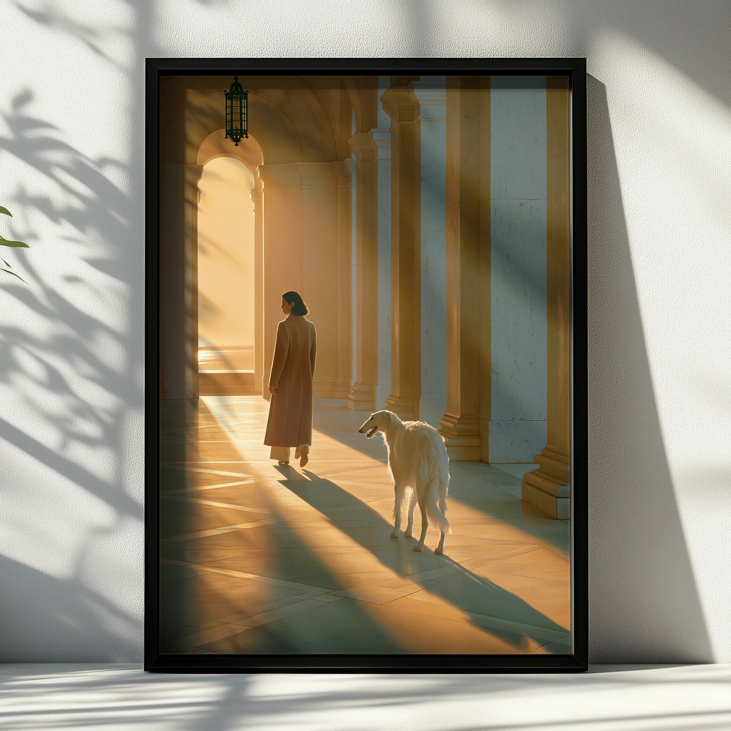 Woman & Borzoi Dog Colonnade Wall Art Poster, Golden Light Figurative Print