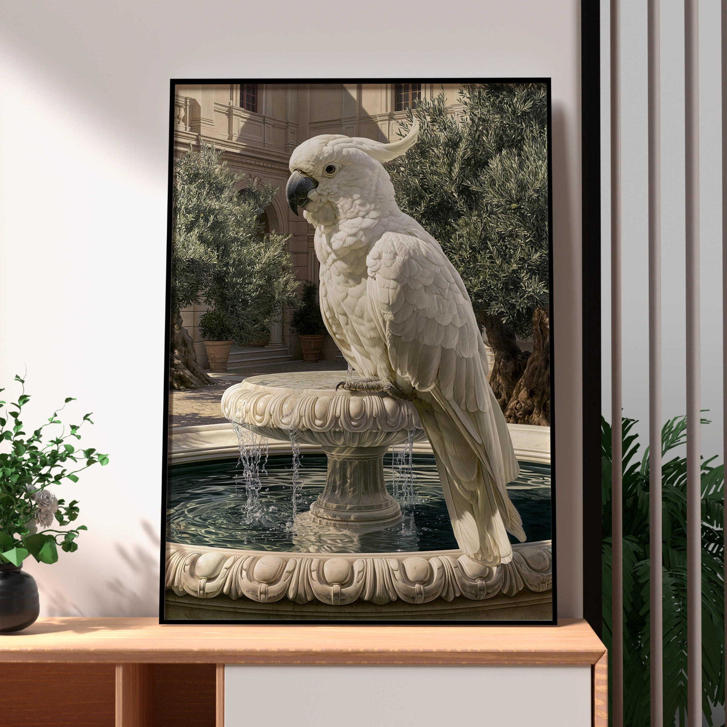 White Cockatoo on Marble Fountain Poster, Classical Courtyard Bird Wall Art