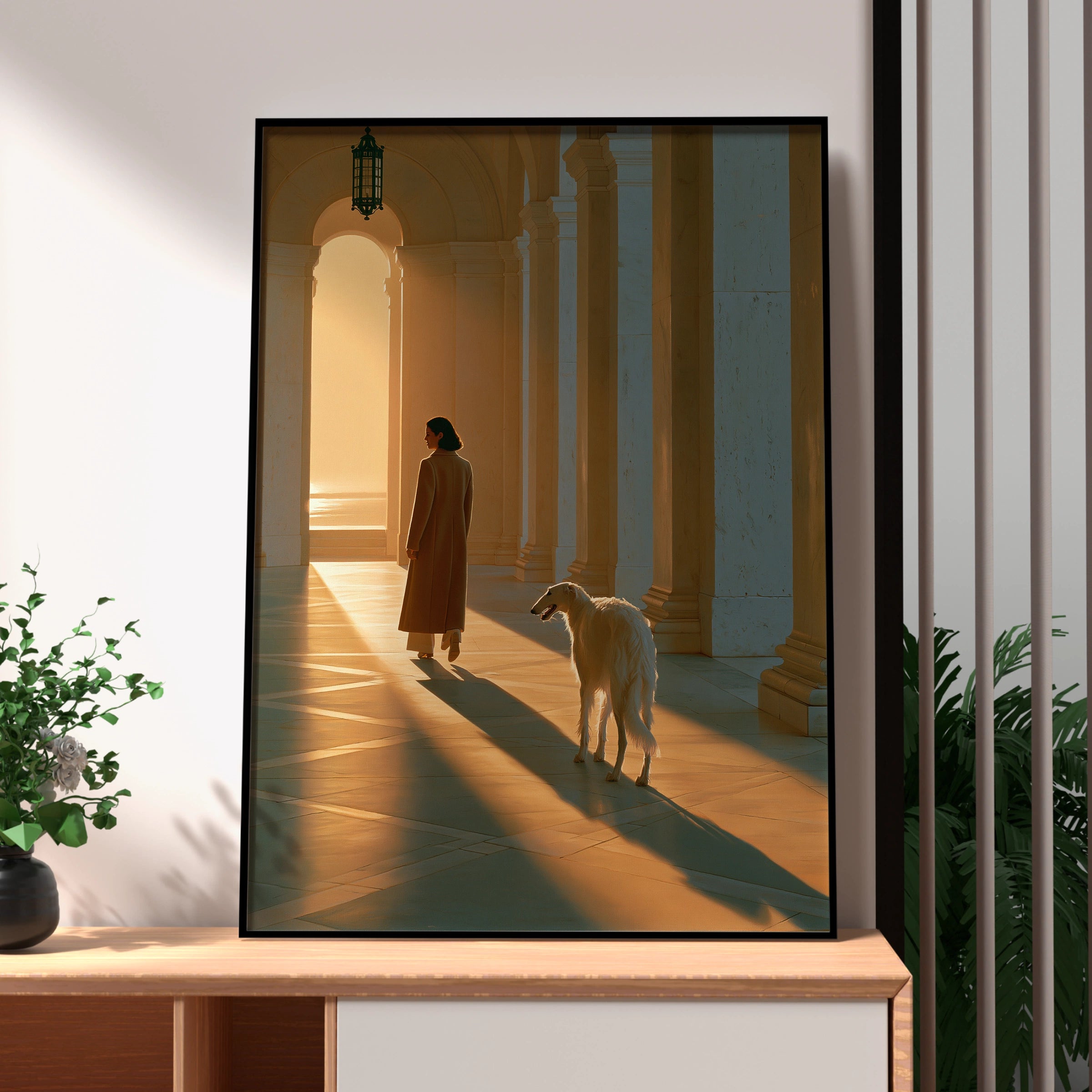 Woman & Borzoi Dog Colonnade Wall Art Poster, Golden Light Figurative Print