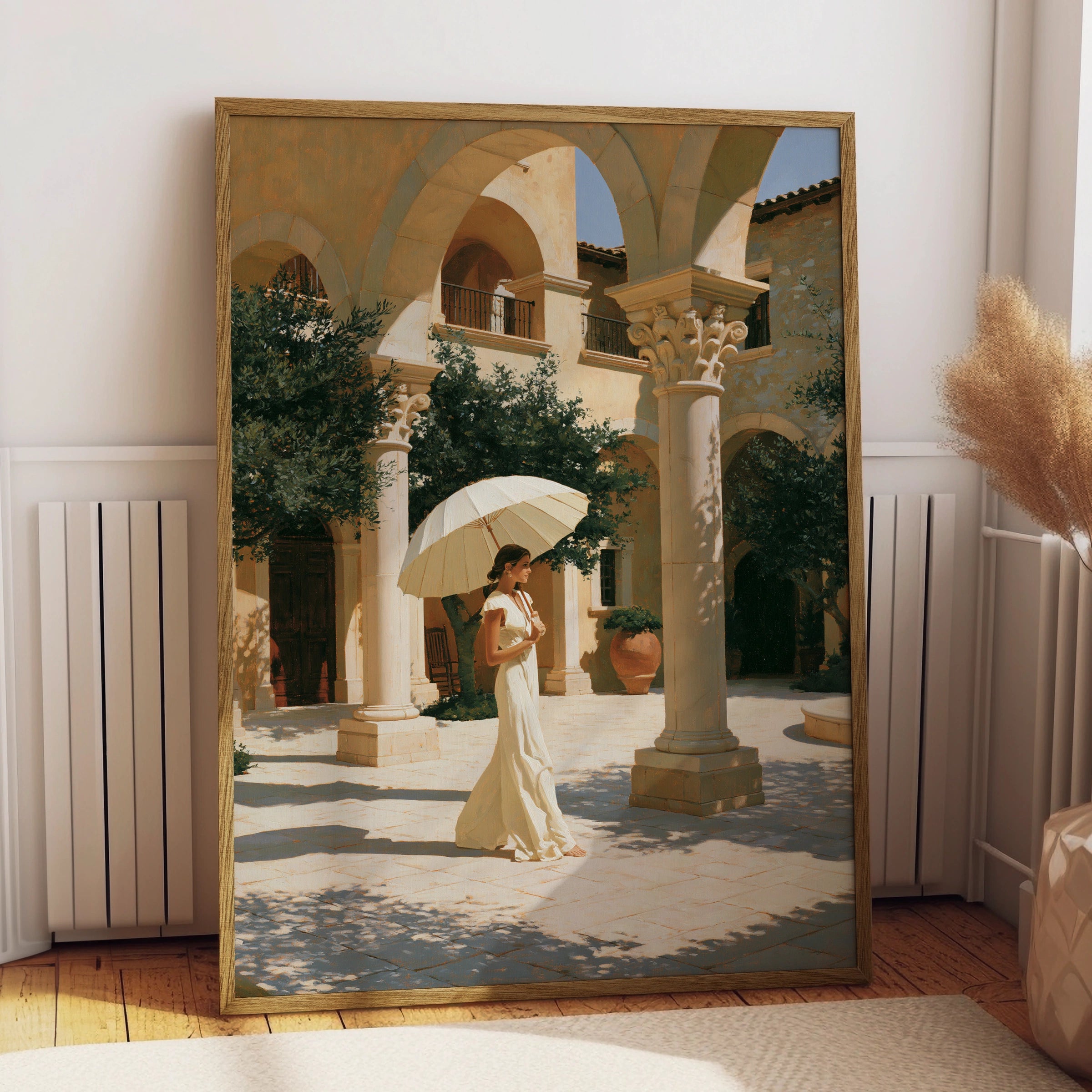 Woman Umbrella Courtyard Wall Art Poster, Mediterranean Figurative Print