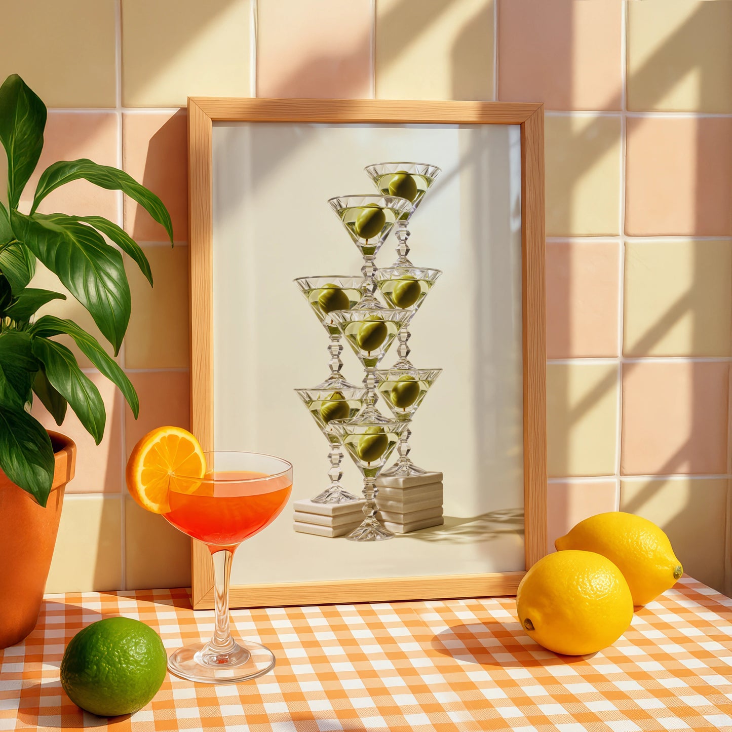 Martini Tower Poster, Stacked Cocktail Glasses Print, Bar Cart Wall Art