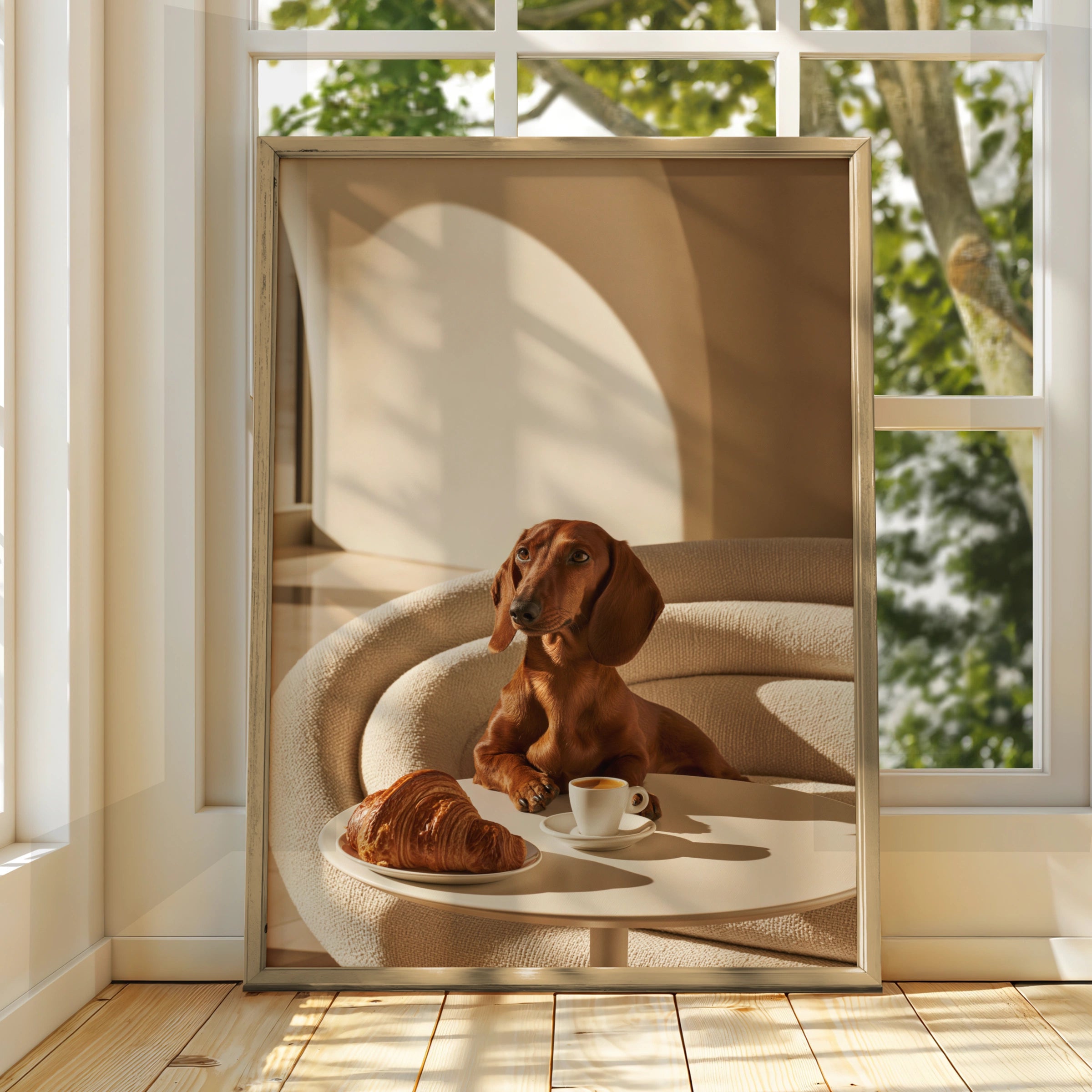 Dachshund Croissant Cafe Wall Art Poster, Sausage Dog Print, Minimalist